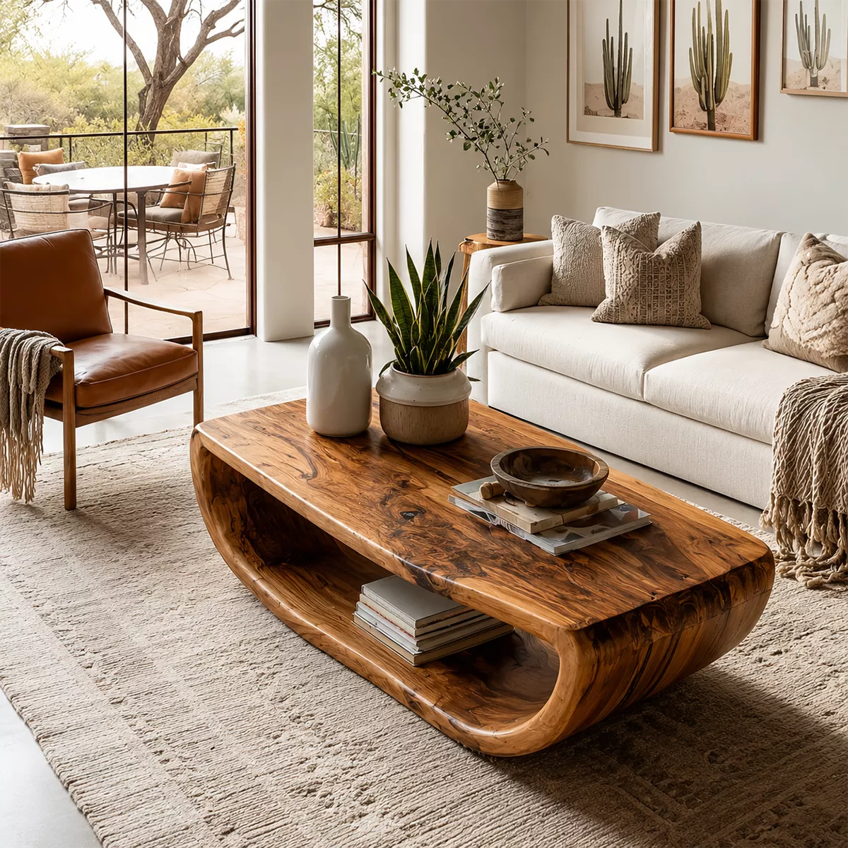 Live Edge Solid Wood Coffee Table With Curved Waterfall Base Open Shelf And Natural Wood Grain For Modern Living Room