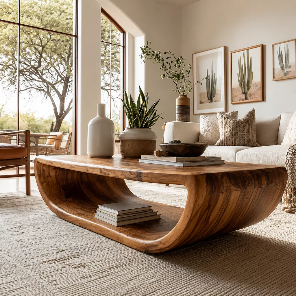 Live Edge Solid Wood Coffee Table With Curved Waterfall Base Open Shelf And Natural Wood Grain For Modern Living Room