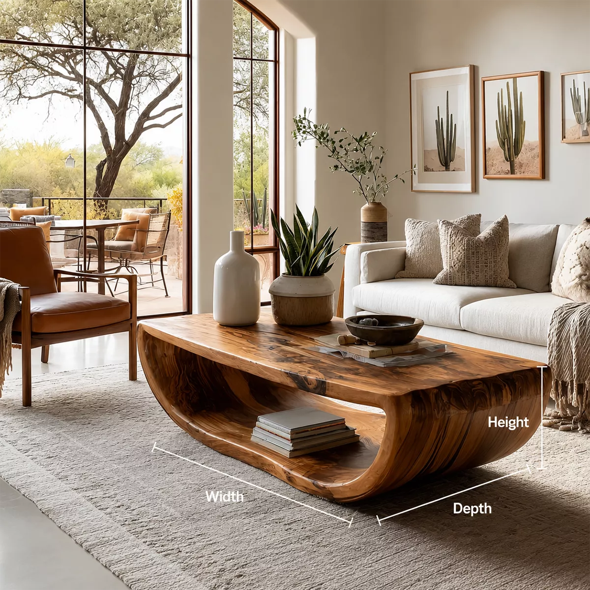 Live Edge Solid Wood Coffee Table With Curved Waterfall Base Open Shelf And Natural Wood Grain For Modern Living Room