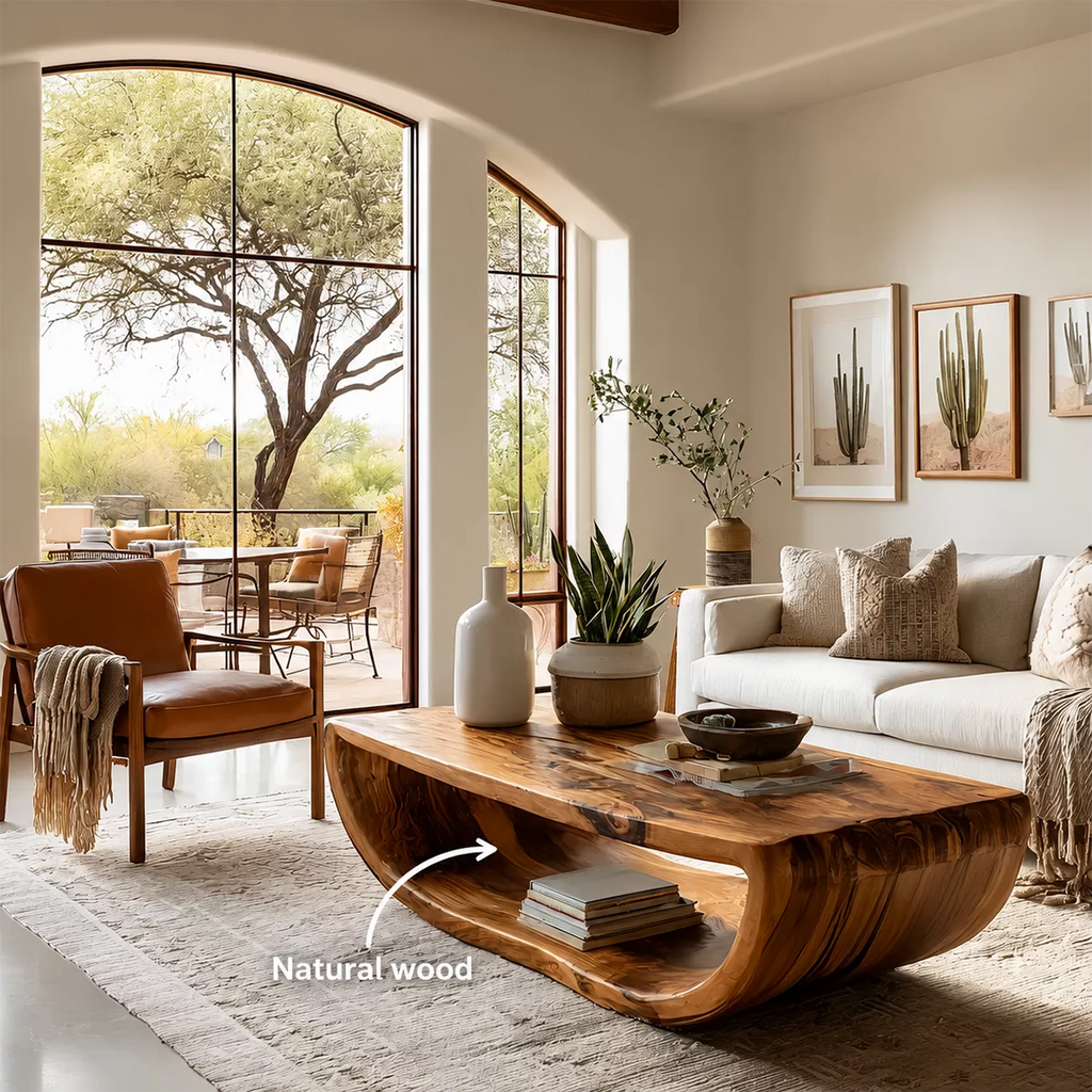 Live Edge Solid Wood Coffee Table With Curved Waterfall Base Open Shelf And Natural Wood Grain For Modern Living Room