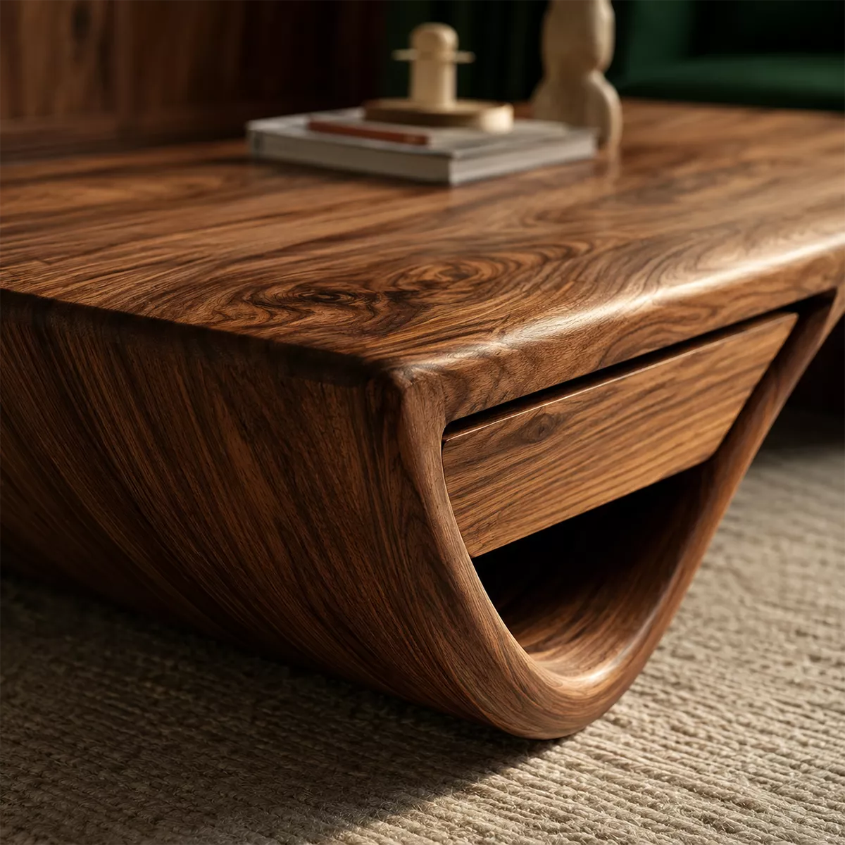 Sculptural Solid Wood Coffee Table With Hidden Storage Drawer And Curved Open Base For Modern Living Room