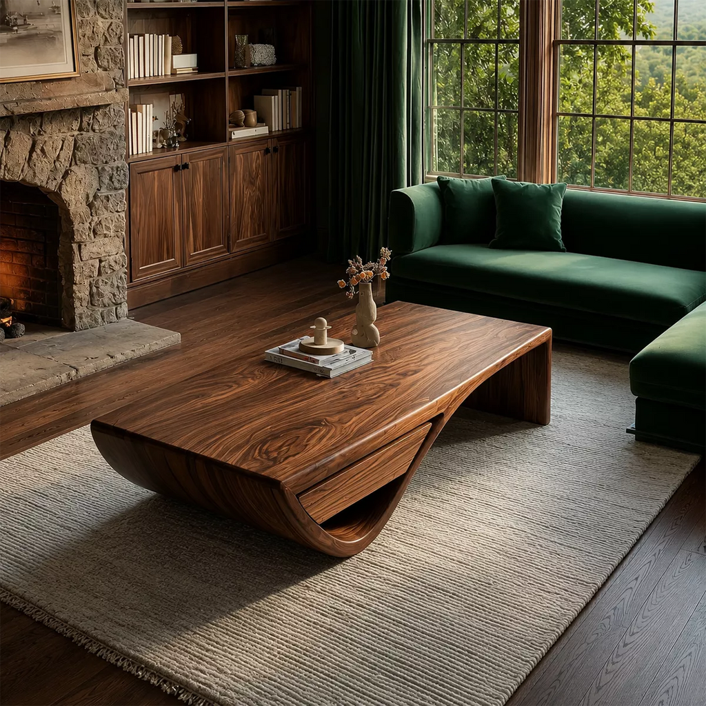 Sculptural Solid Wood Coffee Table With Hidden Storage Drawer And Curved Open Base For Modern Living Room