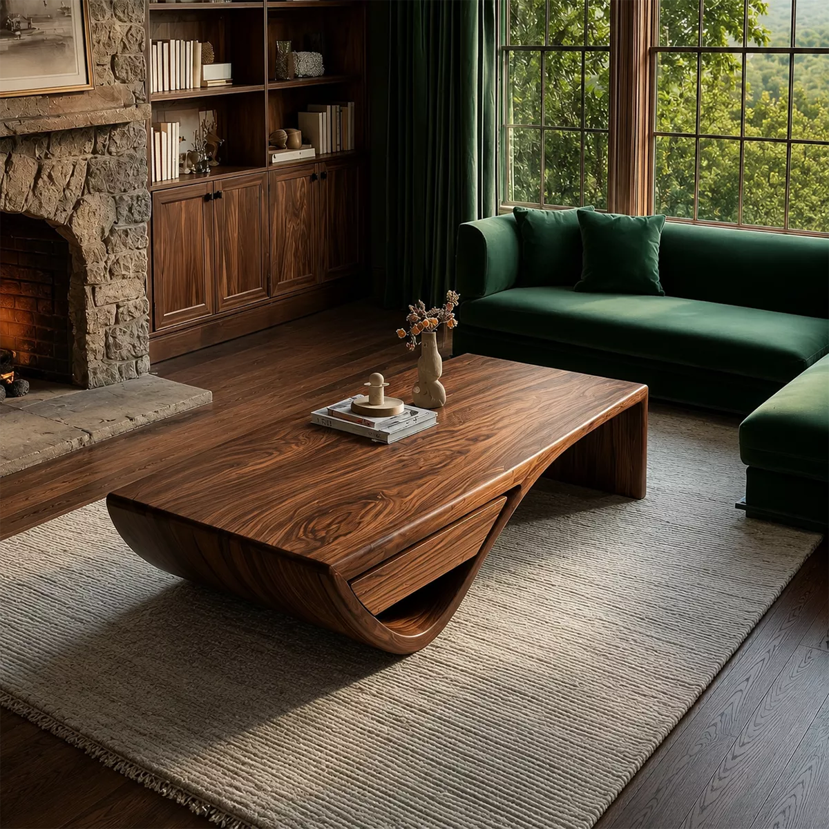 Sculptural Solid Wood Coffee Table With Hidden Storage Drawer And Curved Open Base For Modern Living Room