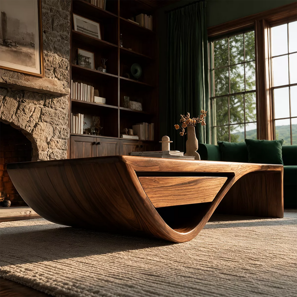 Sculptural Solid Wood Coffee Table With Hidden Storage Drawer And Curved Open Base For Modern Living Room