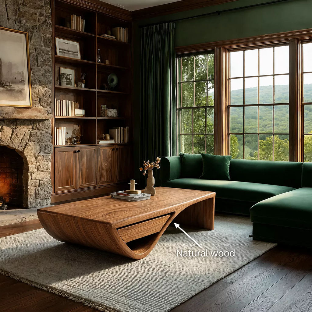 Sculptural Solid Wood Coffee Table With Hidden Storage Drawer And Curved Open Base For Modern Living Room