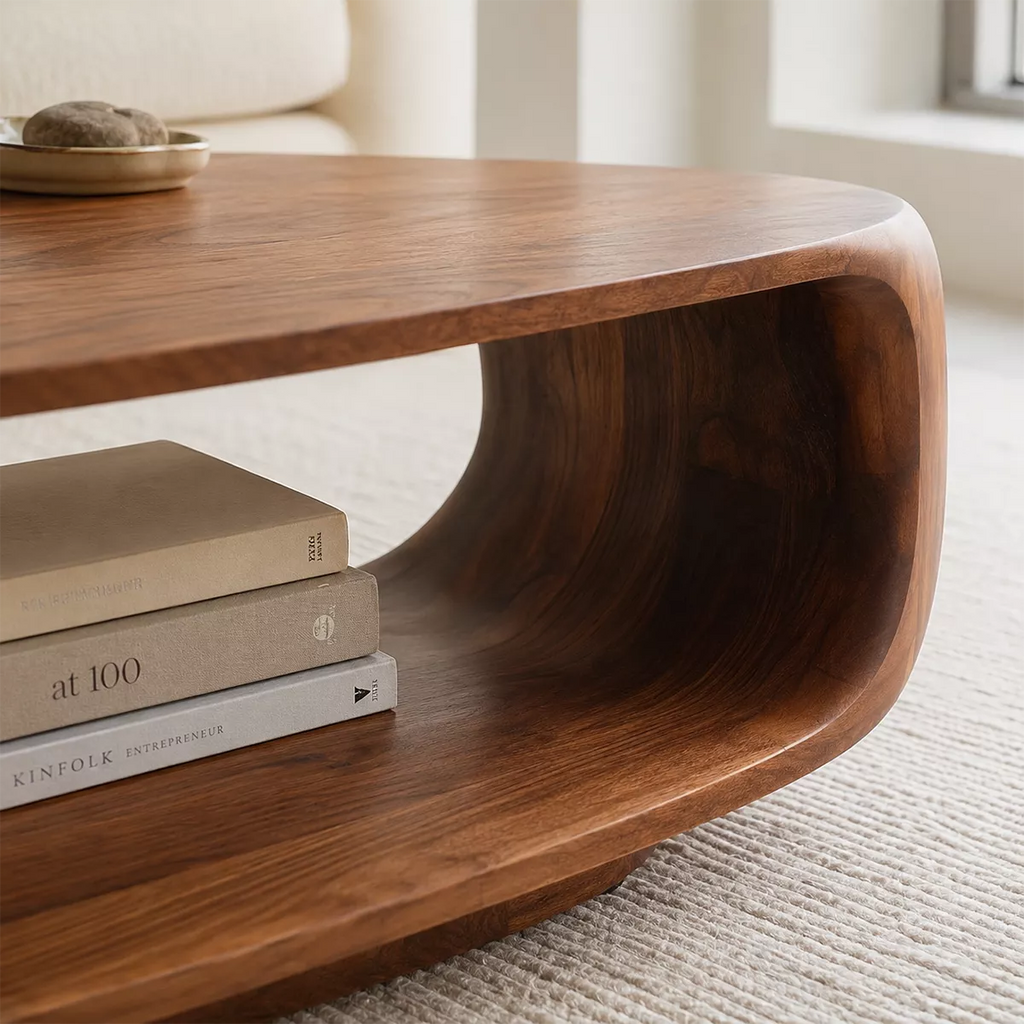 Curved Solid Wood Coffee Table With Open Shelf Rounded Sides And Natural Wood Grain For Modern Living Room