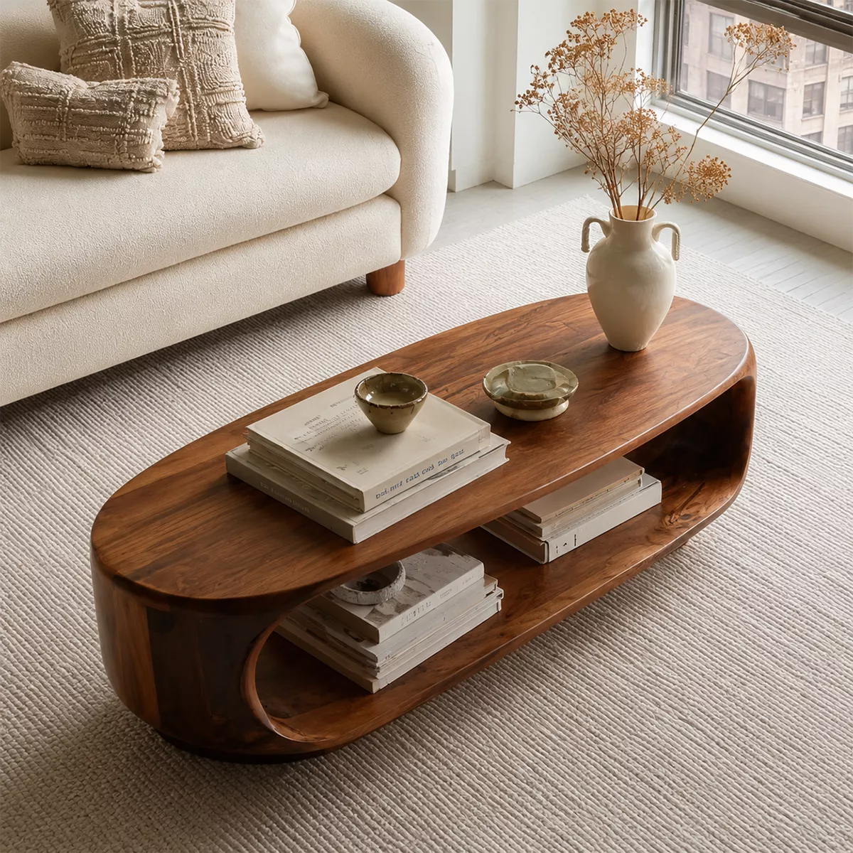 Curved Solid Wood Coffee Table With Open Shelf Rounded Sides And Natural Wood Grain For Modern Living Room