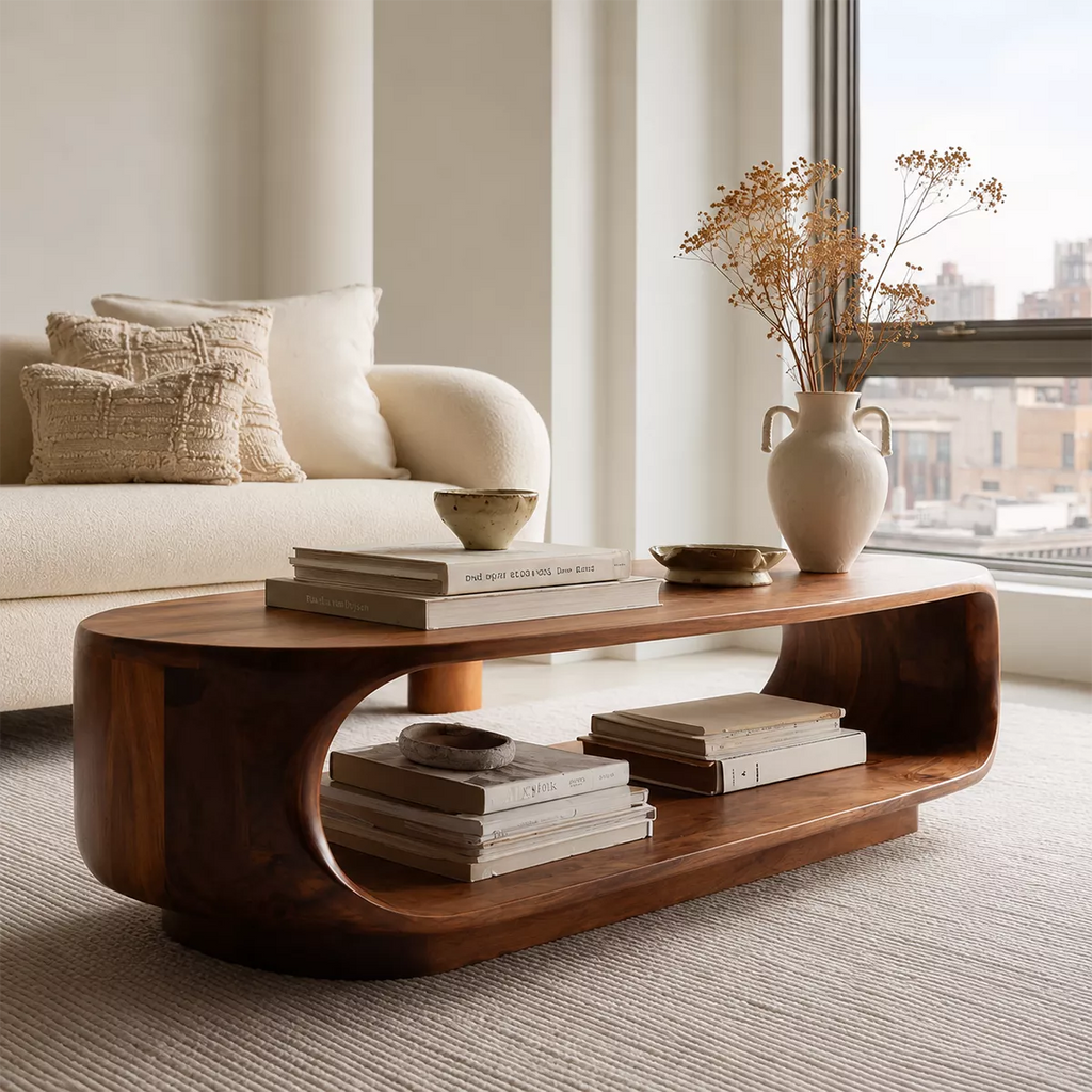 Curved Solid Wood Coffee Table With Open Shelf Rounded Sides And Natural Wood Grain For Modern Living Room