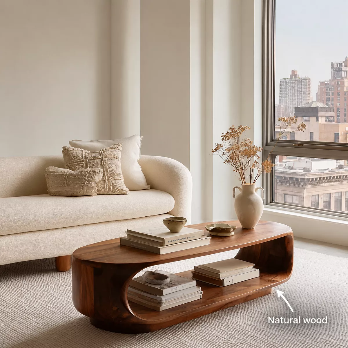 Curved Solid Wood Coffee Table With Open Shelf Rounded Sides And Natural Wood Grain For Modern Living Room