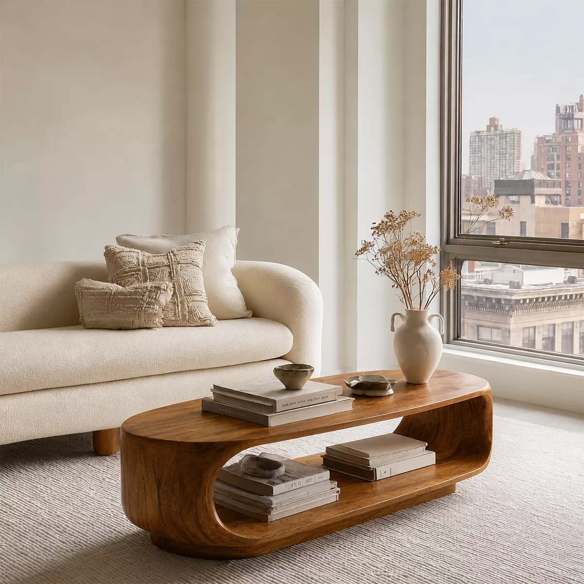 Curved Solid Wood Coffee Table With Open Shelf Rounded Sides And Natural Wood Grain For Modern Living Room