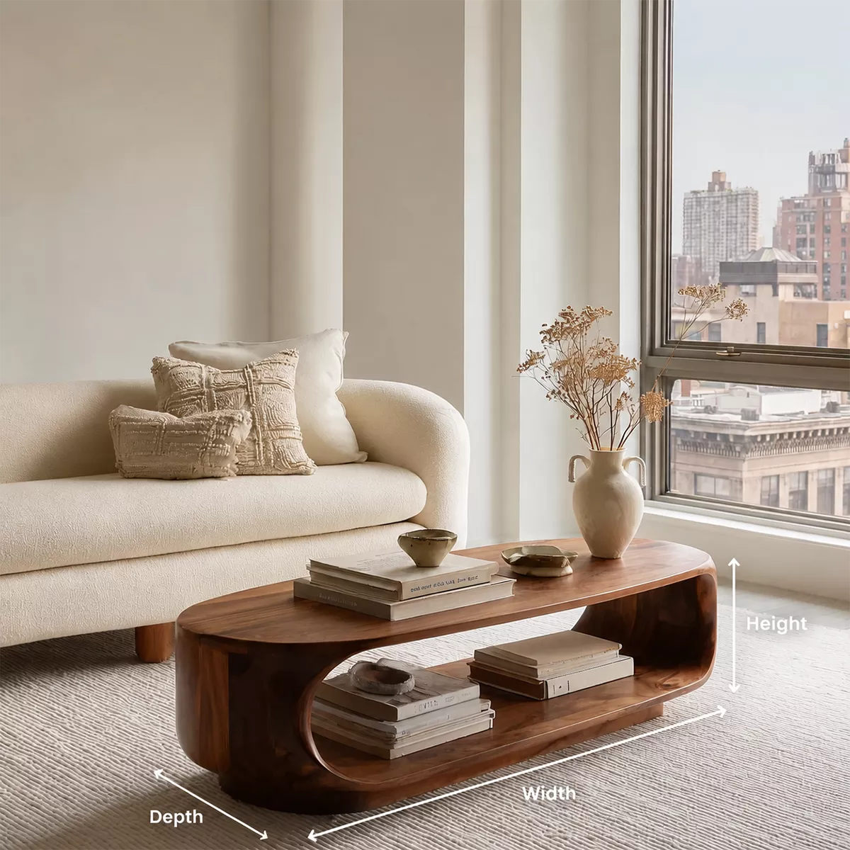 Curved Solid Wood Coffee Table With Open Shelf Rounded Sides And Natural Wood Grain For Modern Living Room