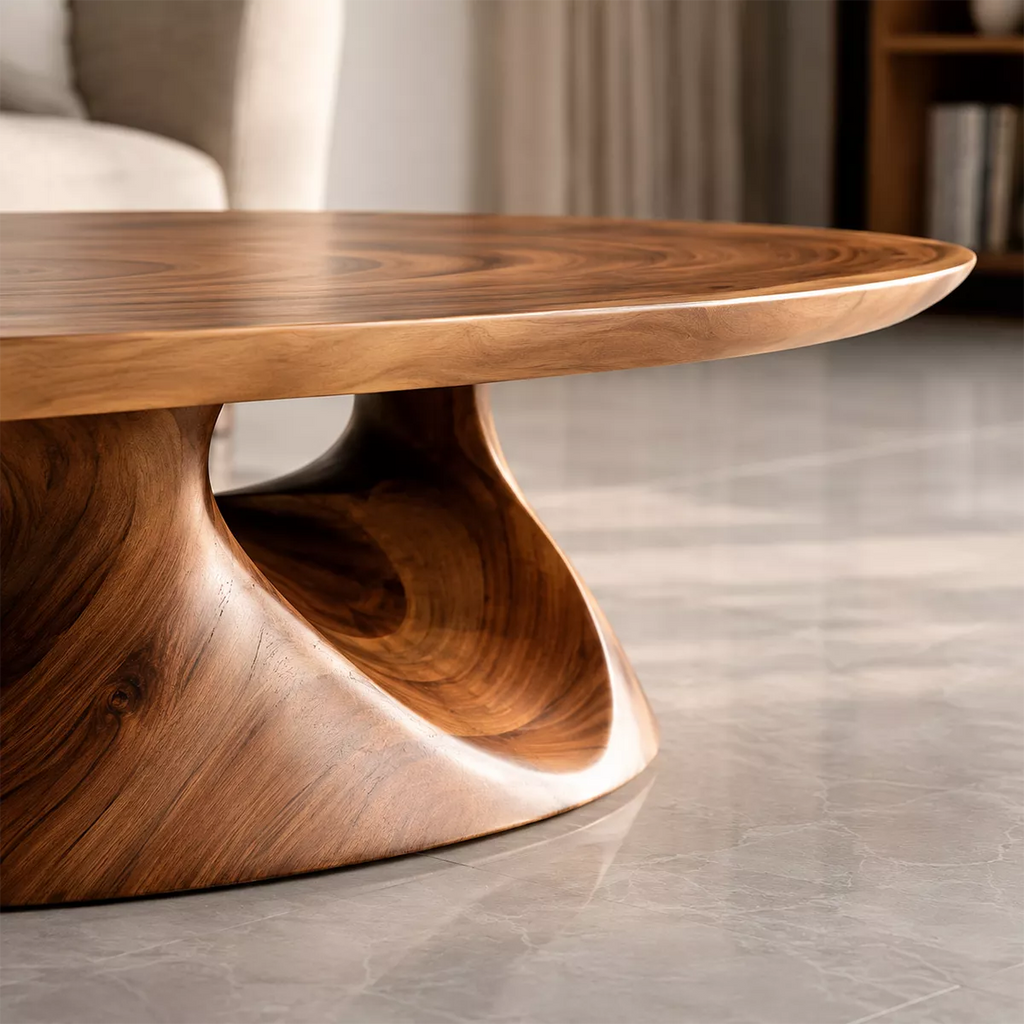 Round Solid Wood Coffee Table With Sculptural Hollow Base And Natural Wood Grain For Modern Living Room