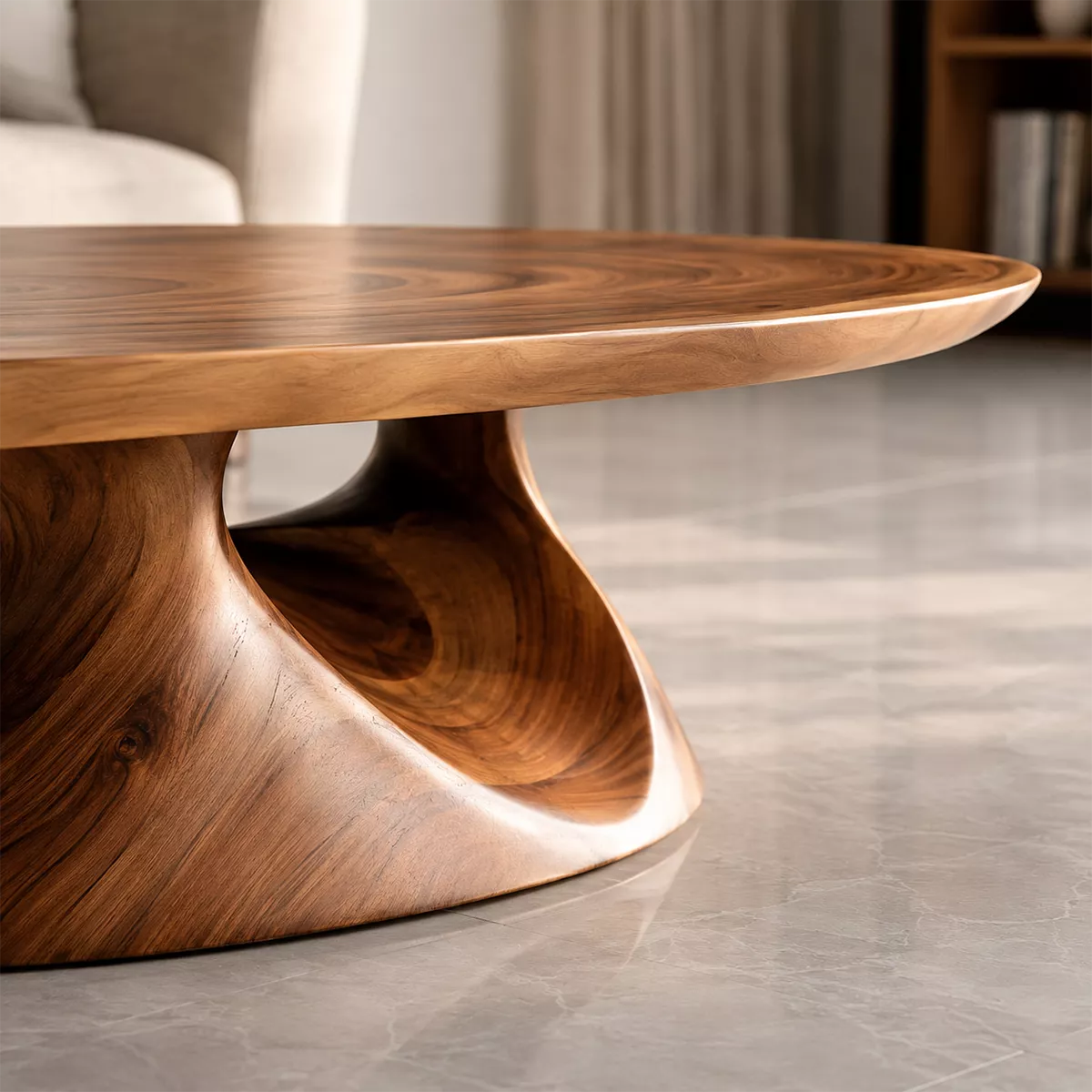 Round Solid Wood Coffee Table With Sculptural Hollow Base And Natural Wood Grain For Modern Living Room
