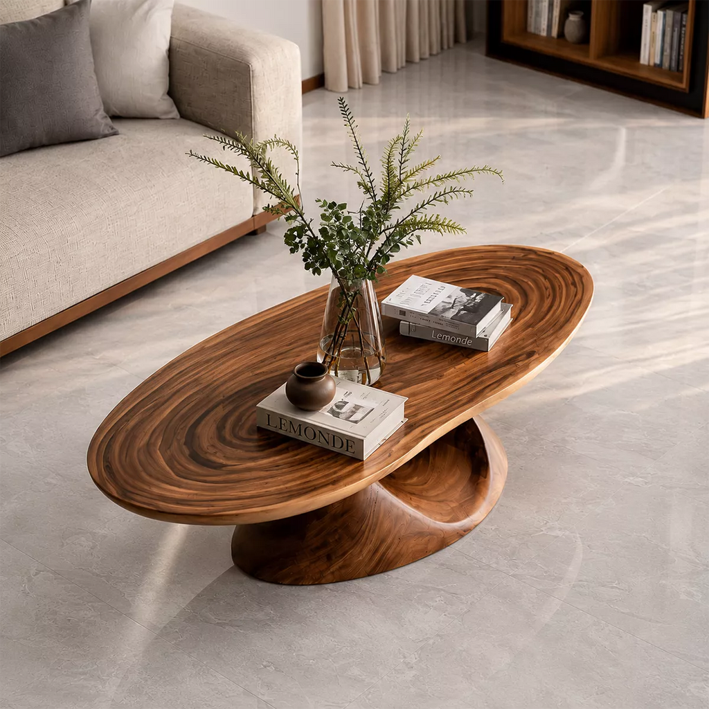 Round Solid Wood Coffee Table With Sculptural Hollow Base And Natural Wood Grain For Modern Living Room