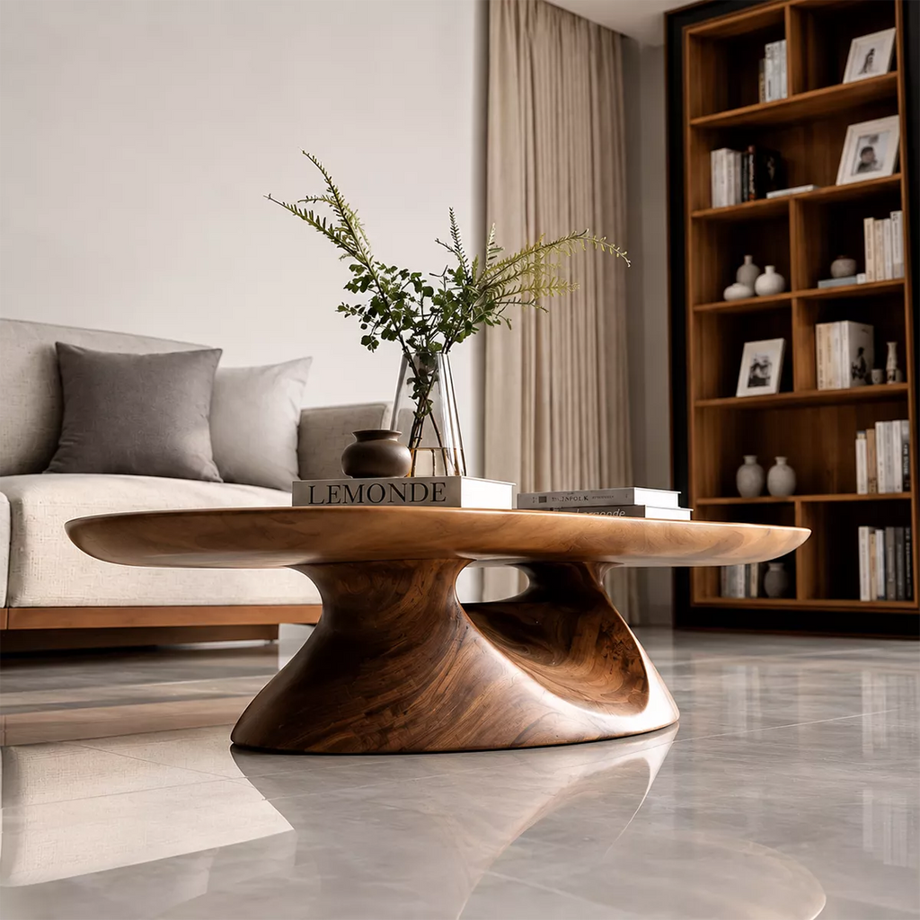Round Solid Wood Coffee Table With Sculptural Hollow Base And Natural Wood Grain For Modern Living Room