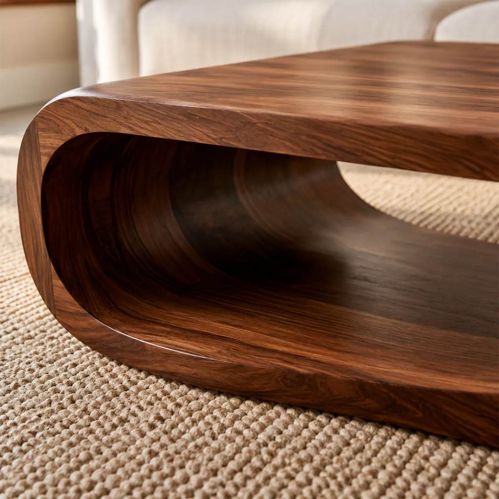 Sculptural Solid Wood Coffee Table With Wave Open Base Rounded Waterfall Sides And Natural Wood Grain For Modern Living Room