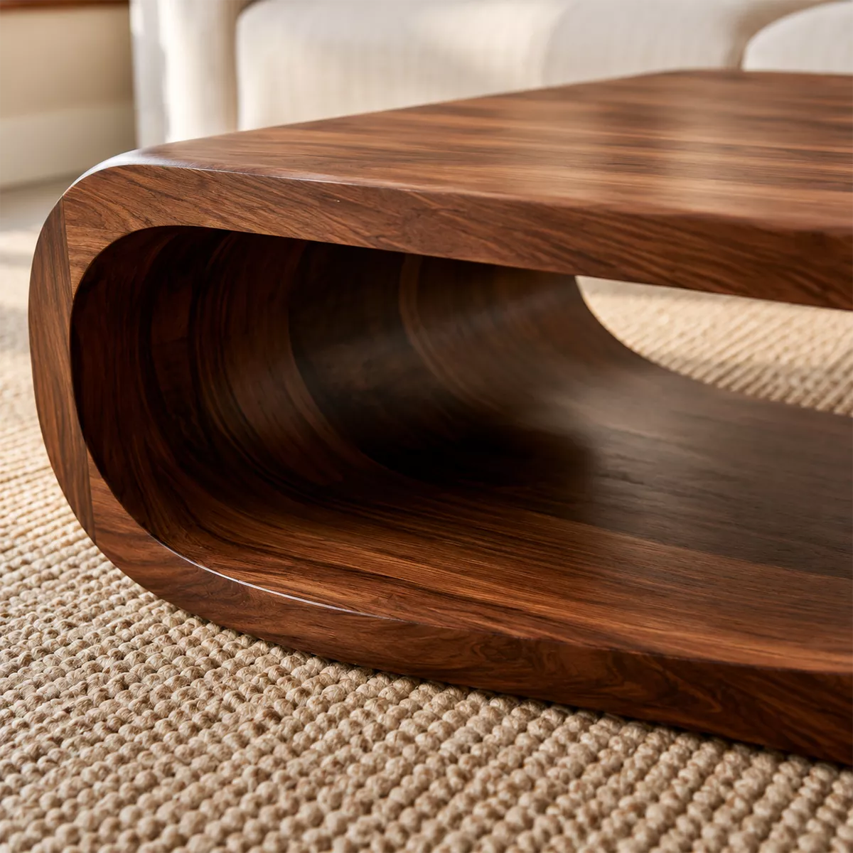 Sculptural Solid Wood Coffee Table With Wave Open Base Rounded Waterfall Sides And Natural Wood Grain For Modern Living Room