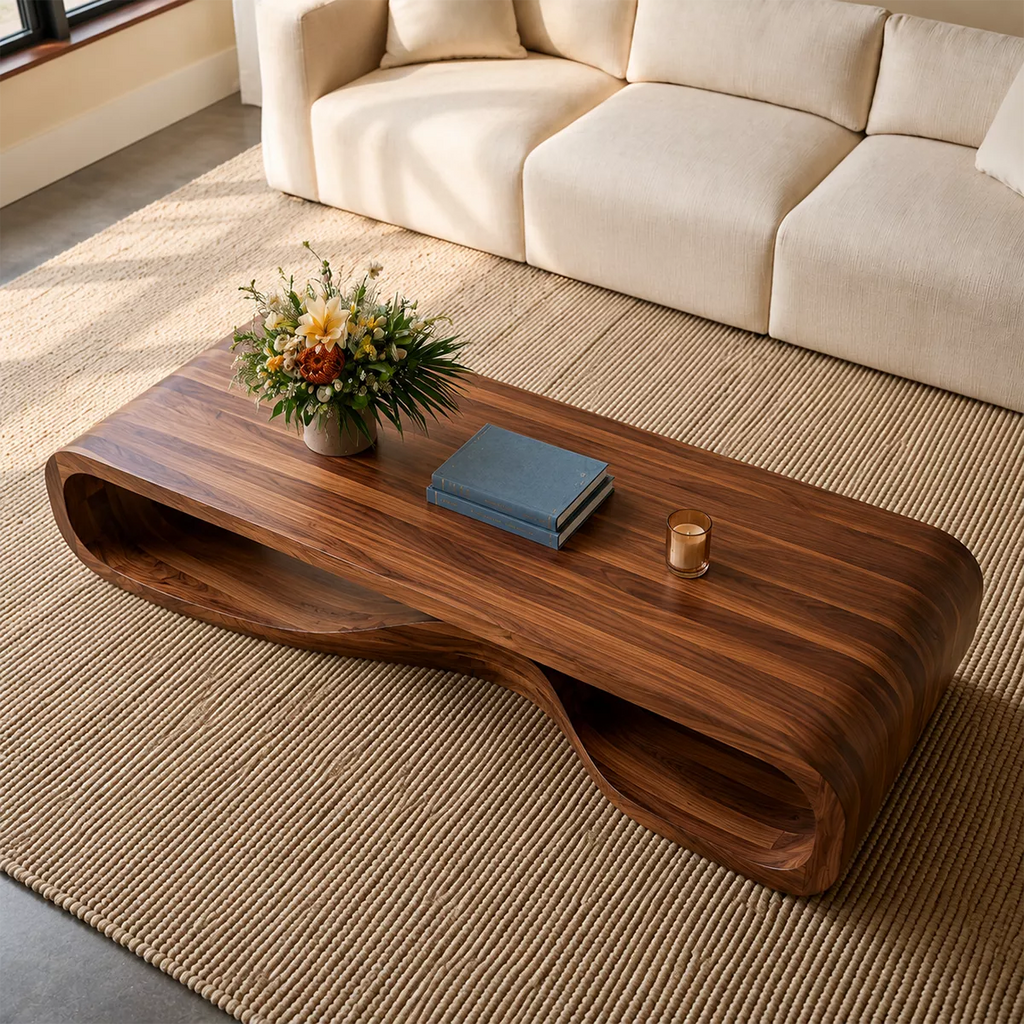 Sculptural Solid Wood Coffee Table With Wave Open Base Rounded Waterfall Sides And Natural Wood Grain For Modern Living Room
