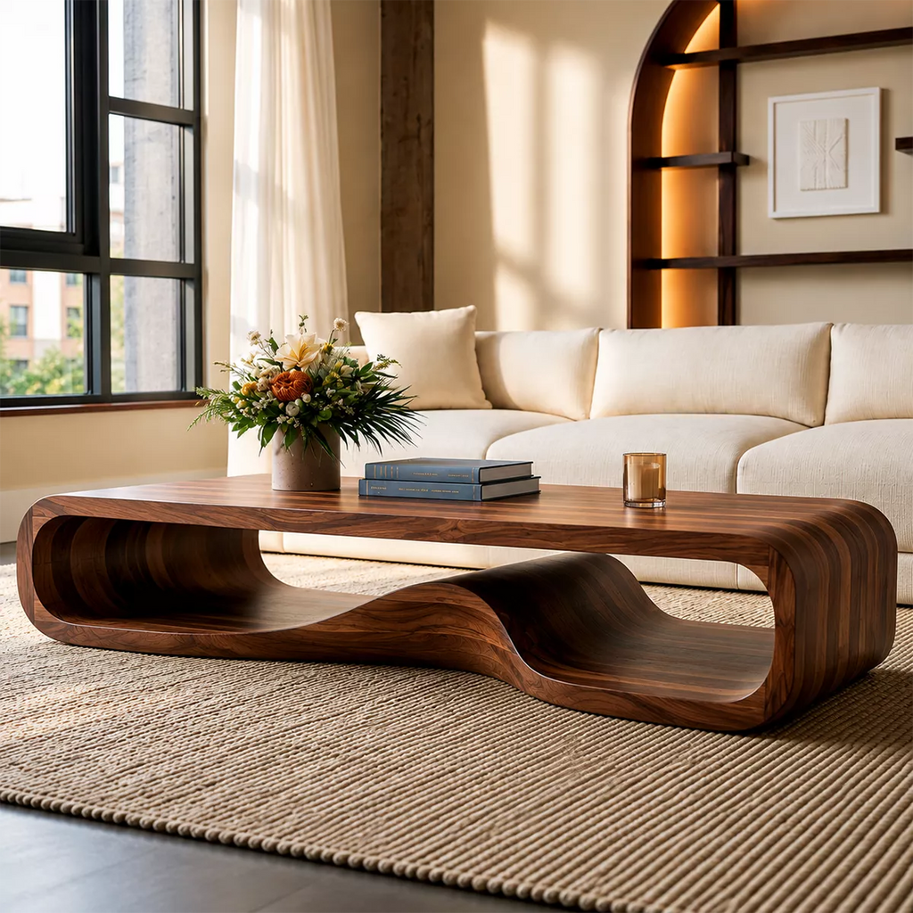 Sculptural Solid Wood Coffee Table With Wave Open Base Rounded Waterfall Sides And Natural Wood Grain For Modern Living Room