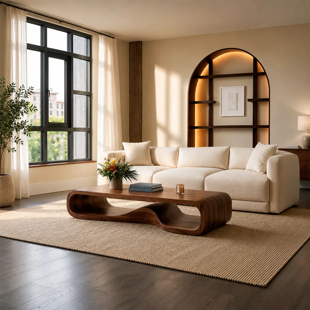Sculptural Solid Wood Coffee Table With Wave Open Base Rounded Waterfall Sides And Natural Wood Grain For Modern Living Room