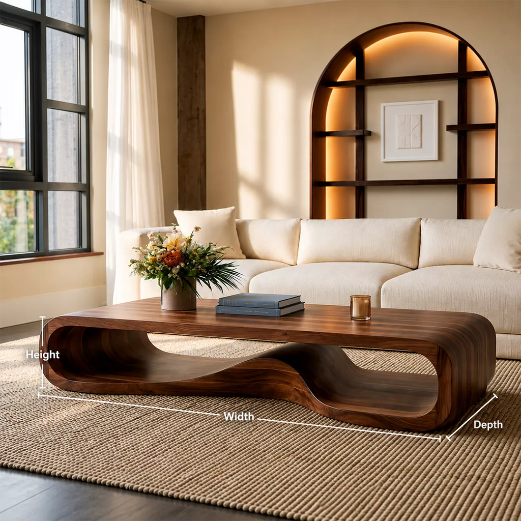 Sculptural Solid Wood Coffee Table With Wave Open Base Rounded Waterfall Sides And Natural Wood Grain For Modern Living Room