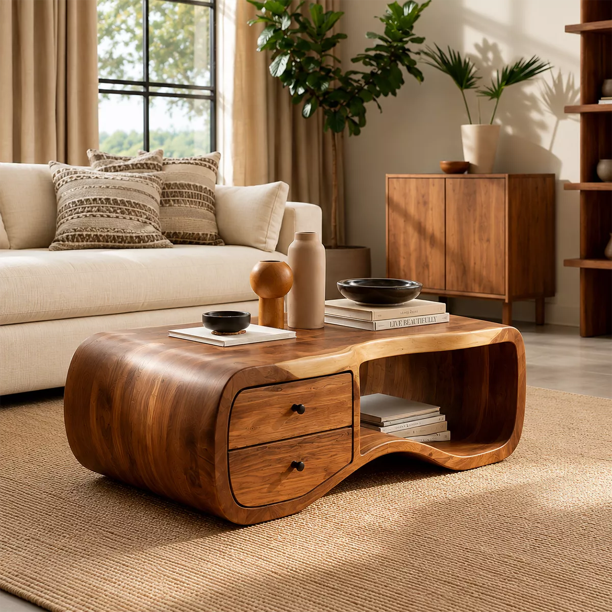 Curved Solid Wood Coffee Table With Double Storage Drawers Open Shelf And Rounded Waterfall Sides For Modern Living Room