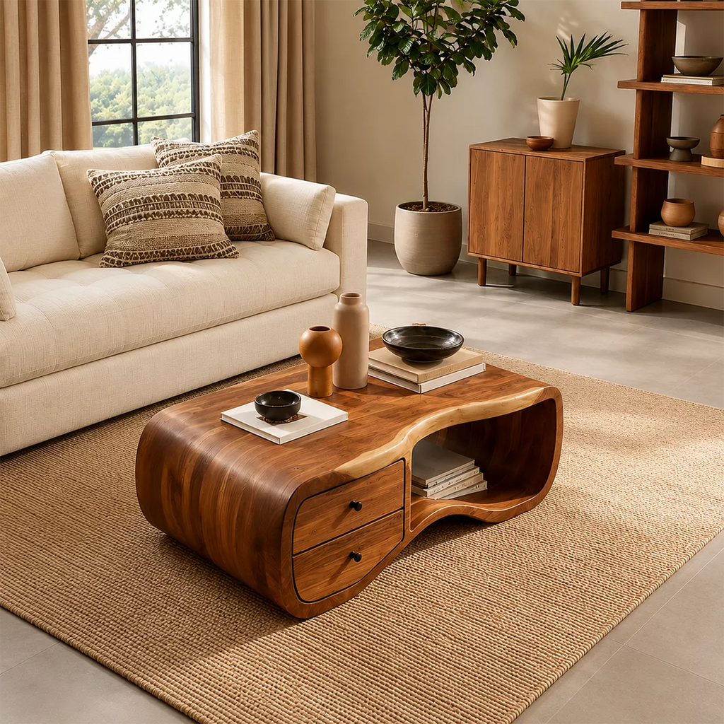 Curved Solid Wood Coffee Table With Double Storage Drawers Open Shelf And Rounded Waterfall Sides For Modern Living Room