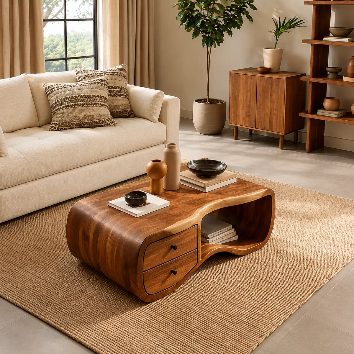 Curved Solid Wood Coffee Table With Double Storage Drawers Open Shelf And Rounded Waterfall Sides For Modern Living Room