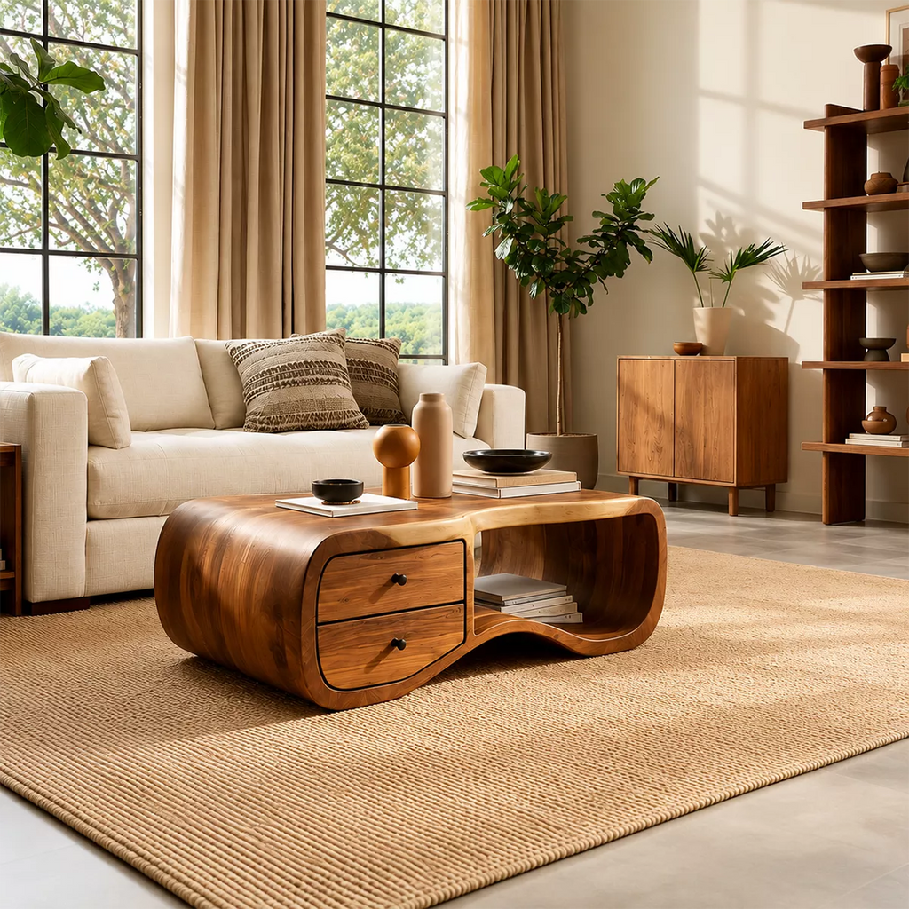 Curved Solid Wood Coffee Table With Double Storage Drawers Open Shelf And Rounded Waterfall Sides For Modern Living Room