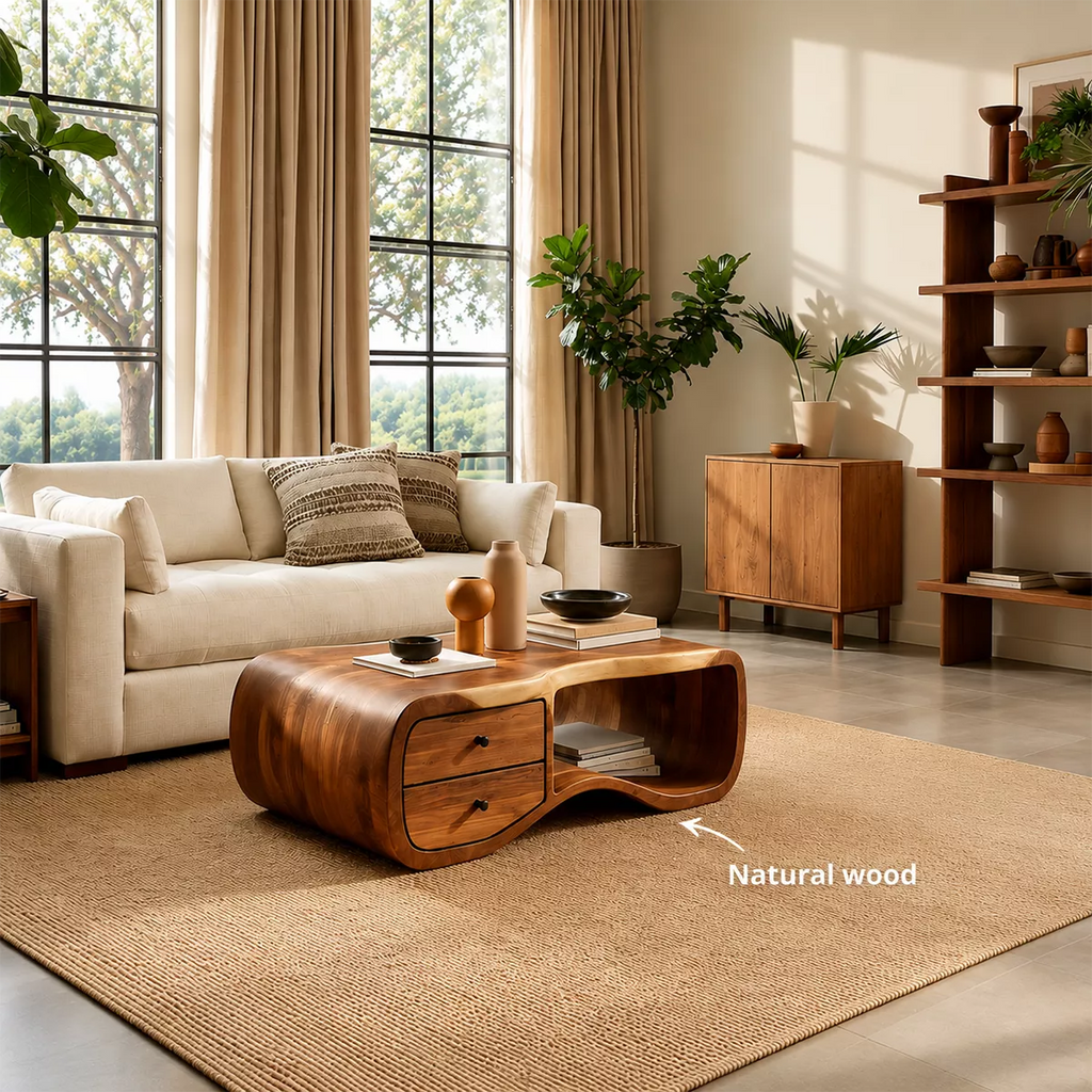Curved Solid Wood Coffee Table With Double Storage Drawers Open Shelf And Rounded Waterfall Sides For Modern Living Room