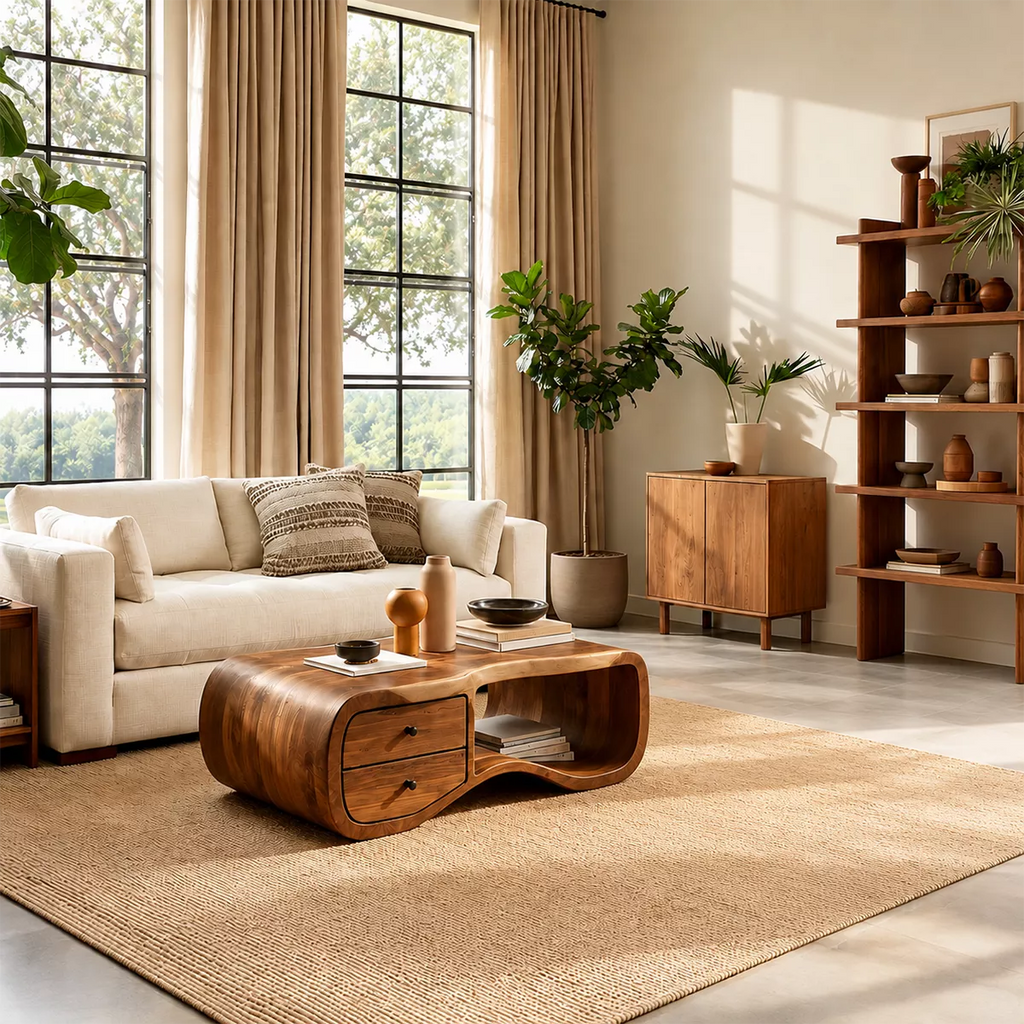 Curved Solid Wood Coffee Table With Double Storage Drawers Open Shelf And Rounded Waterfall Sides For Modern Living Room