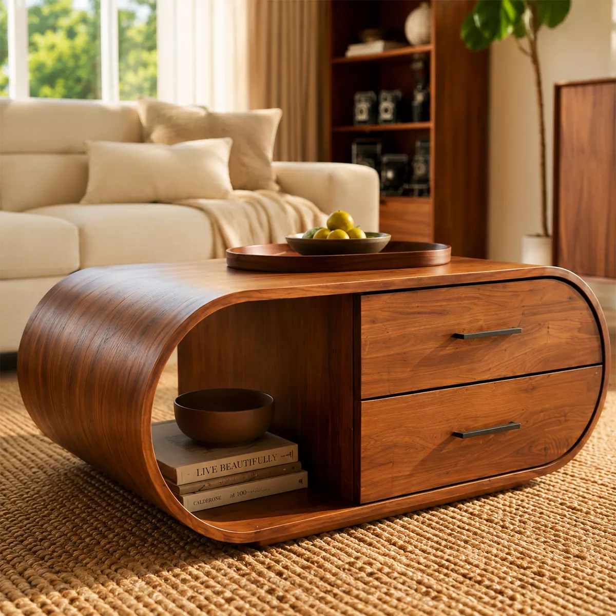 Curved Solid Wood Coffee Table With Drawers And Open Shelf