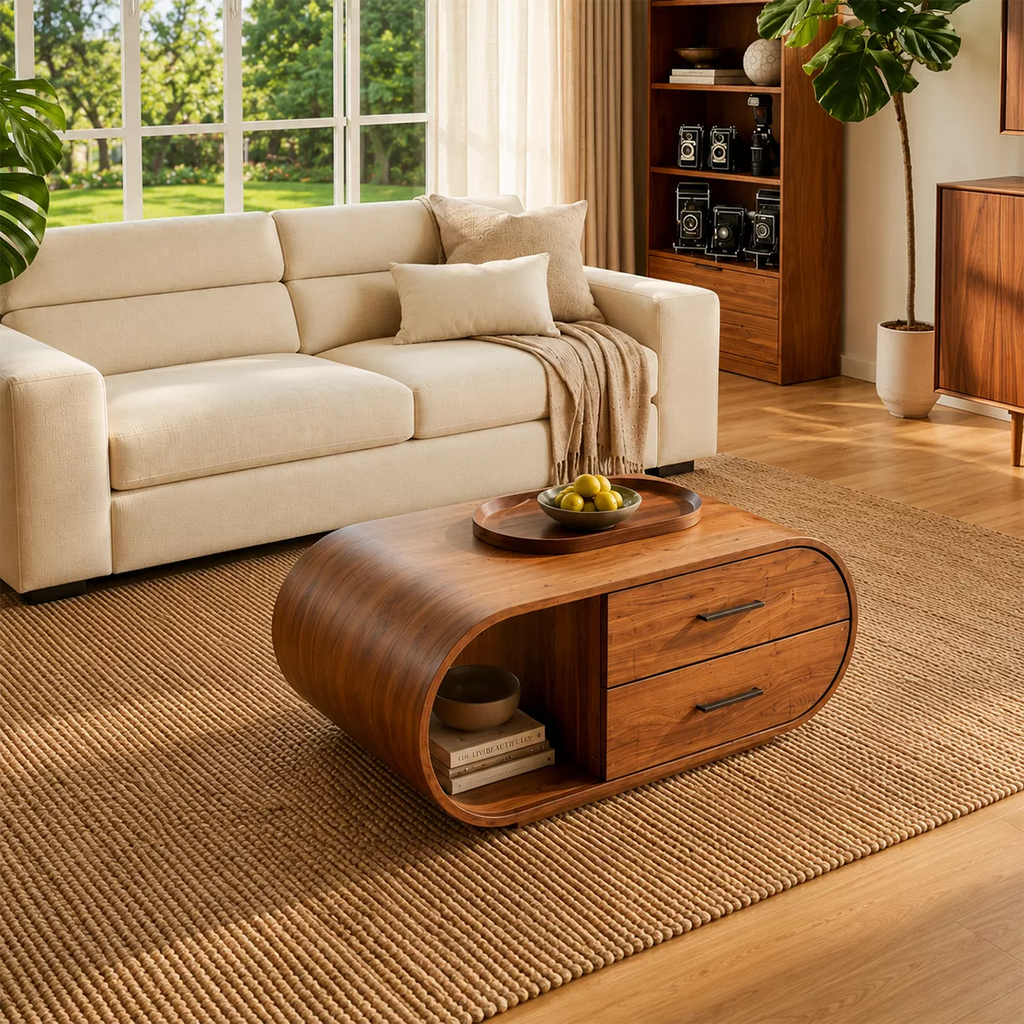 Curved Solid Wood Coffee Table With Drawers And Open Shelf