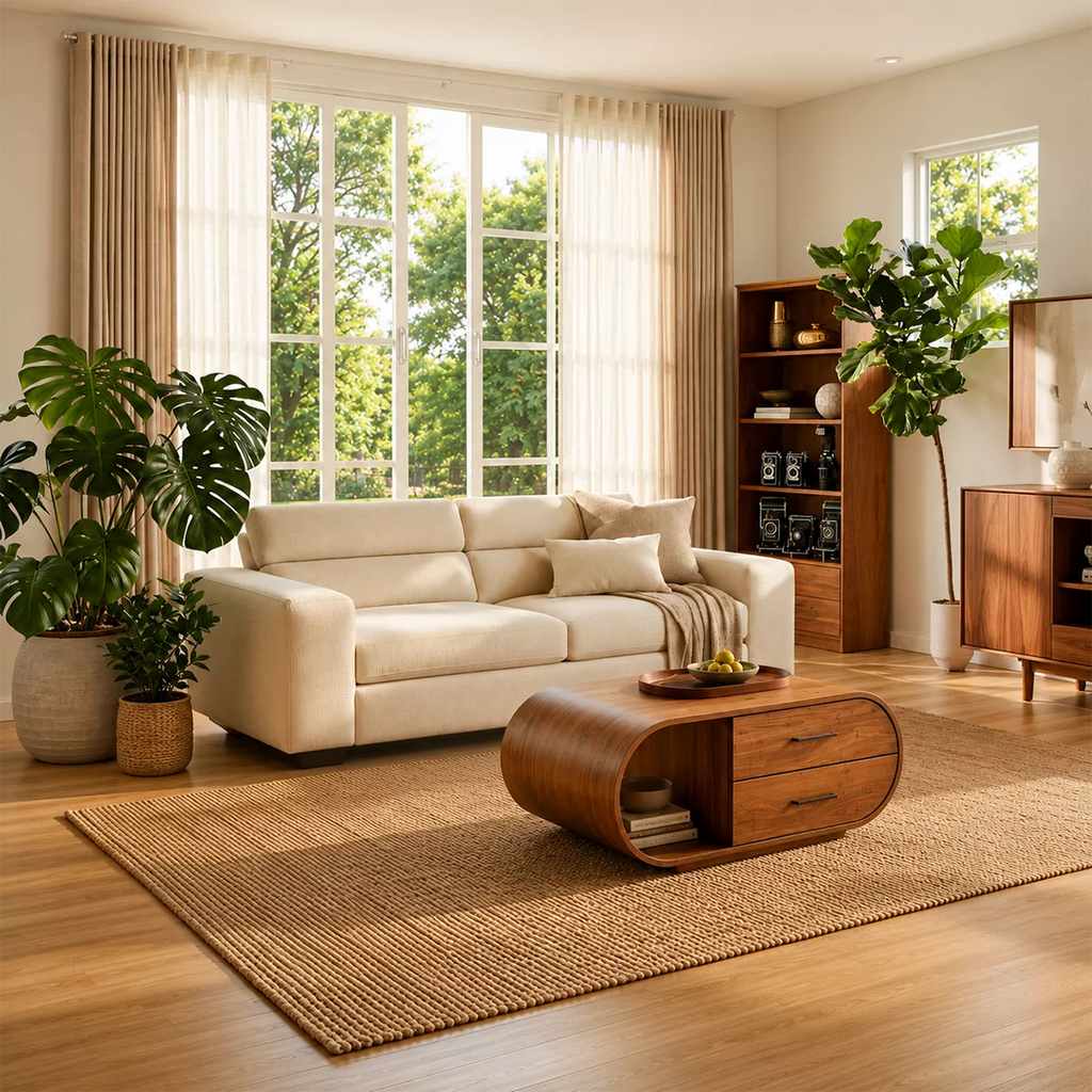 Curved Solid Wood Coffee Table With Drawers And Open Shelf