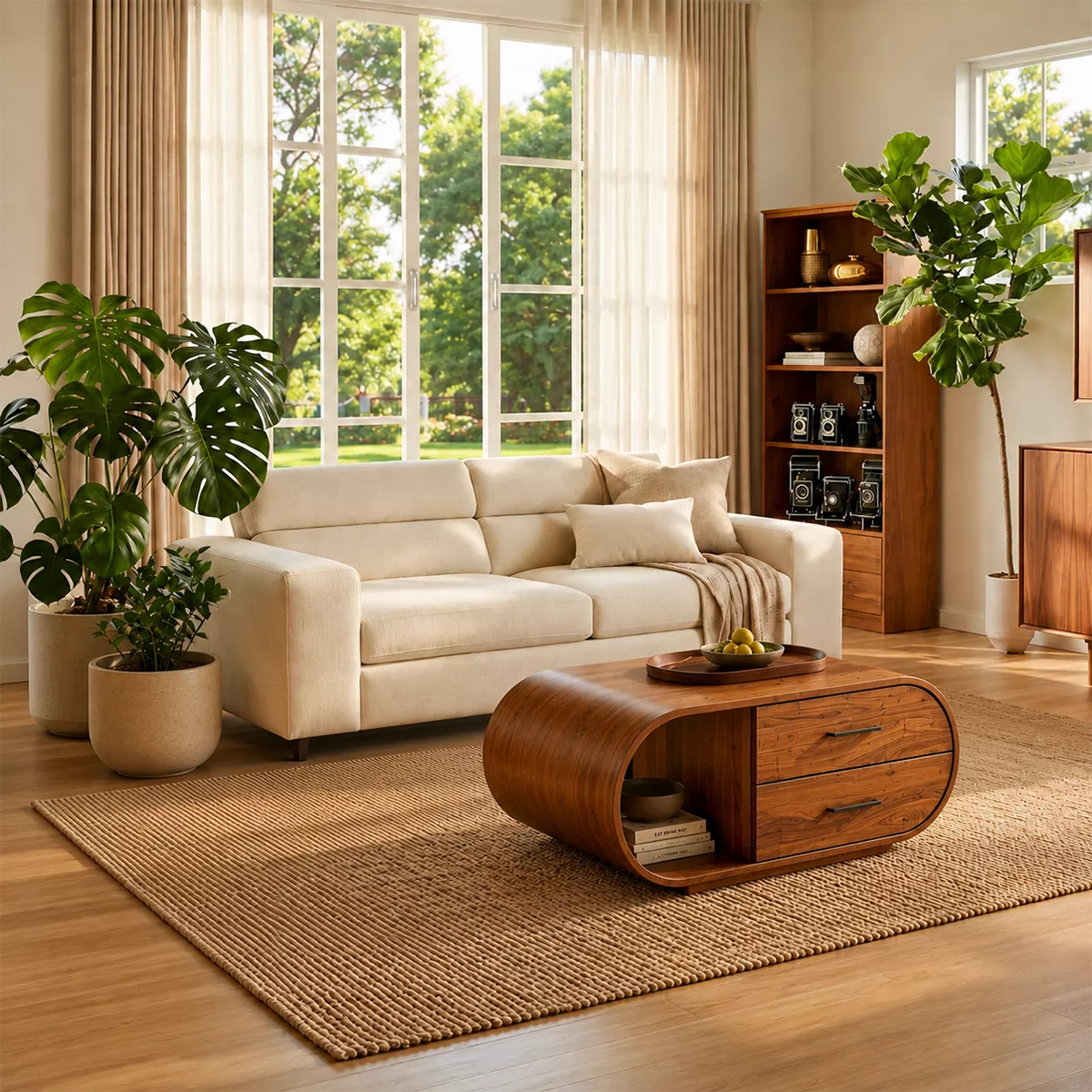 Curved Solid Wood Coffee Table With Drawers And Open Shelf