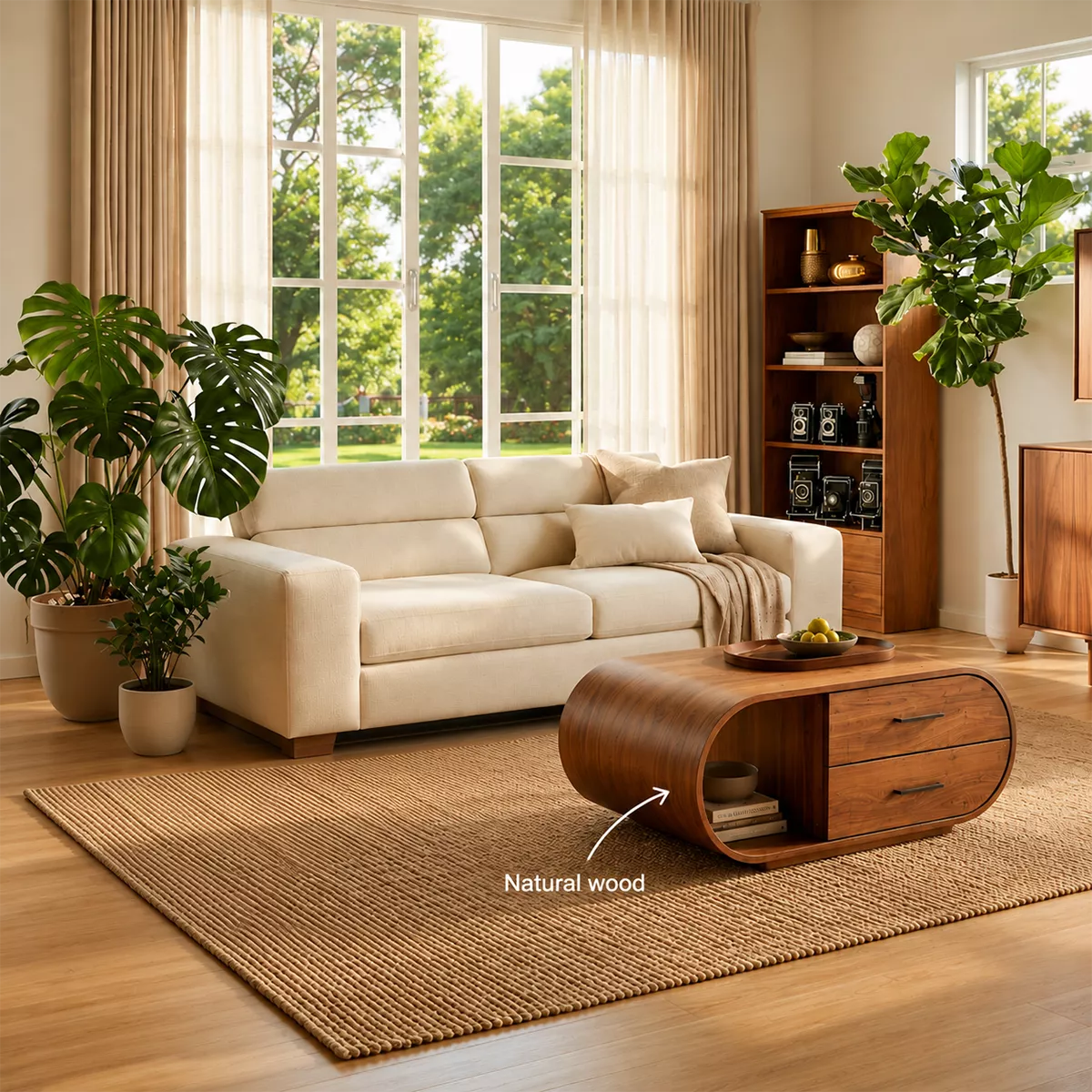 Curved Solid Wood Coffee Table With Drawers And Open Shelf