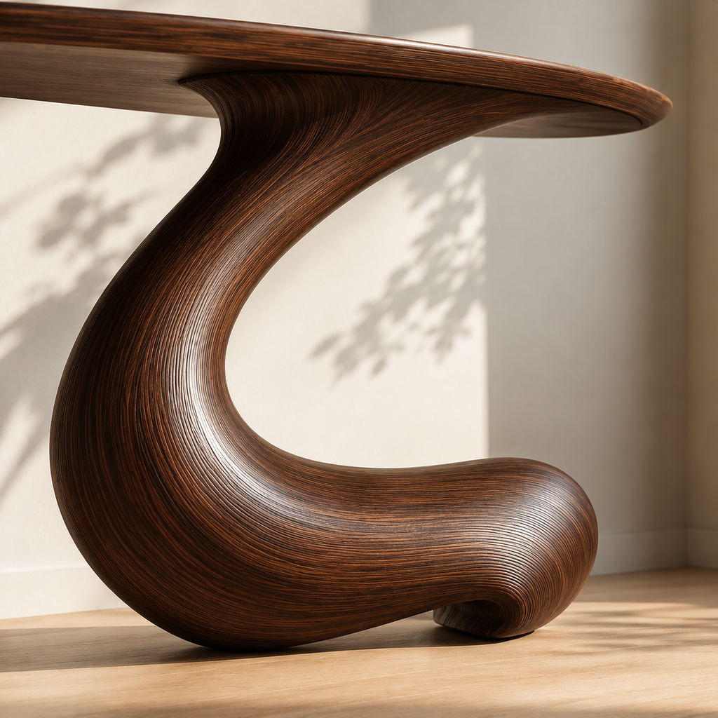 Sculptural Round Base Wood Console Table – Organic Natural Wood Console for Modern Interior