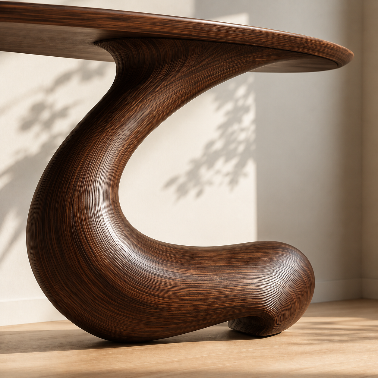 Sculptural Round Base Wood Console Table – Organic Natural Wood Console for Modern Interior