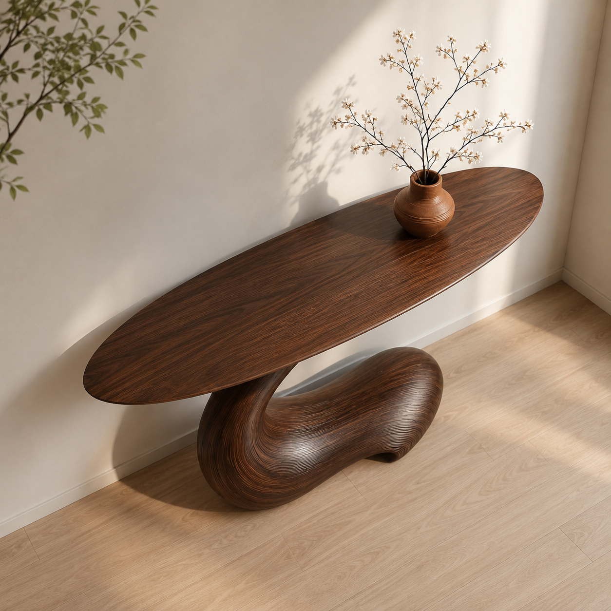 Sculptural Round Base Wood Console Table – Organic Natural Wood Console for Modern Interior