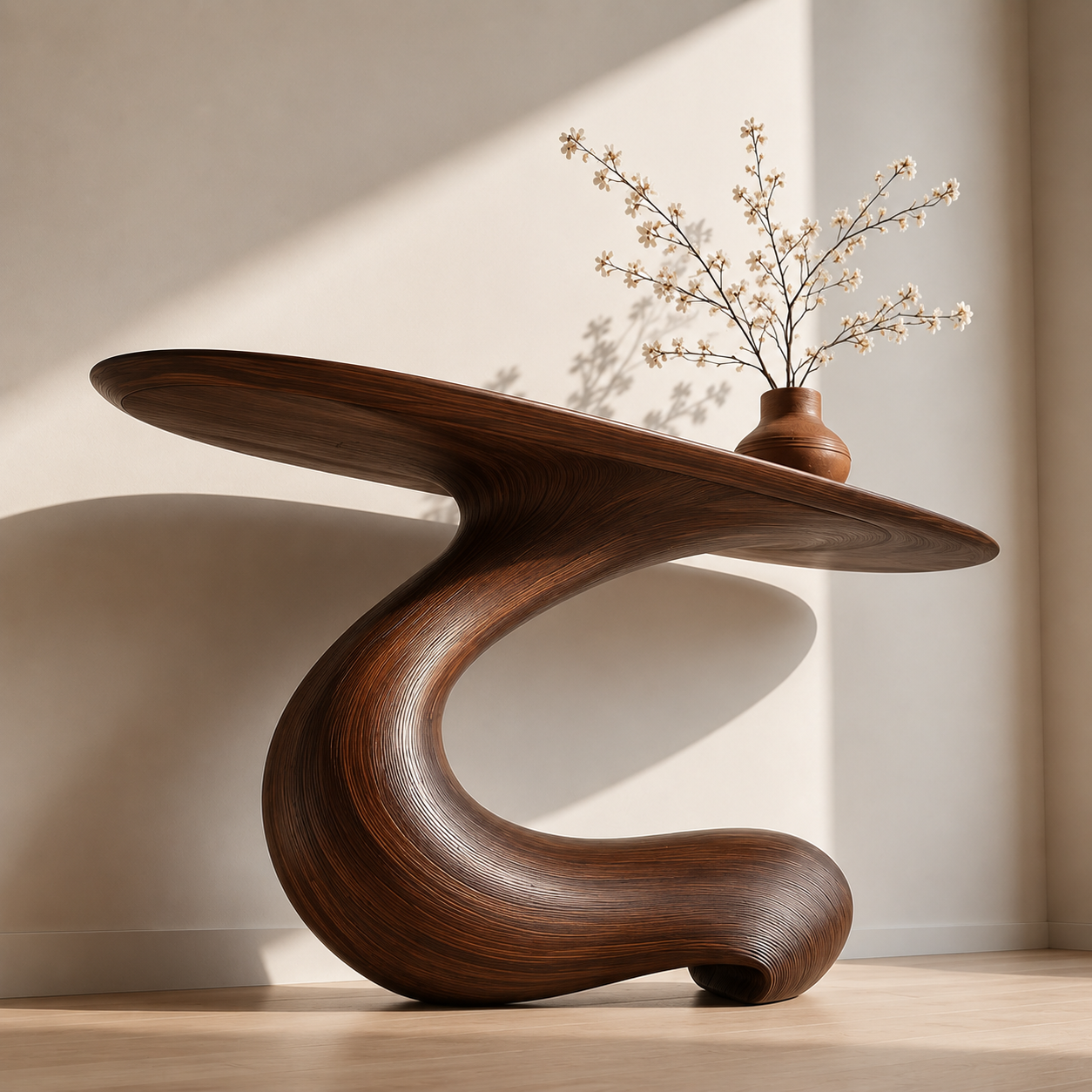 Sculptural Round Base Wood Console Table – Organic Natural Wood Console for Modern Interior