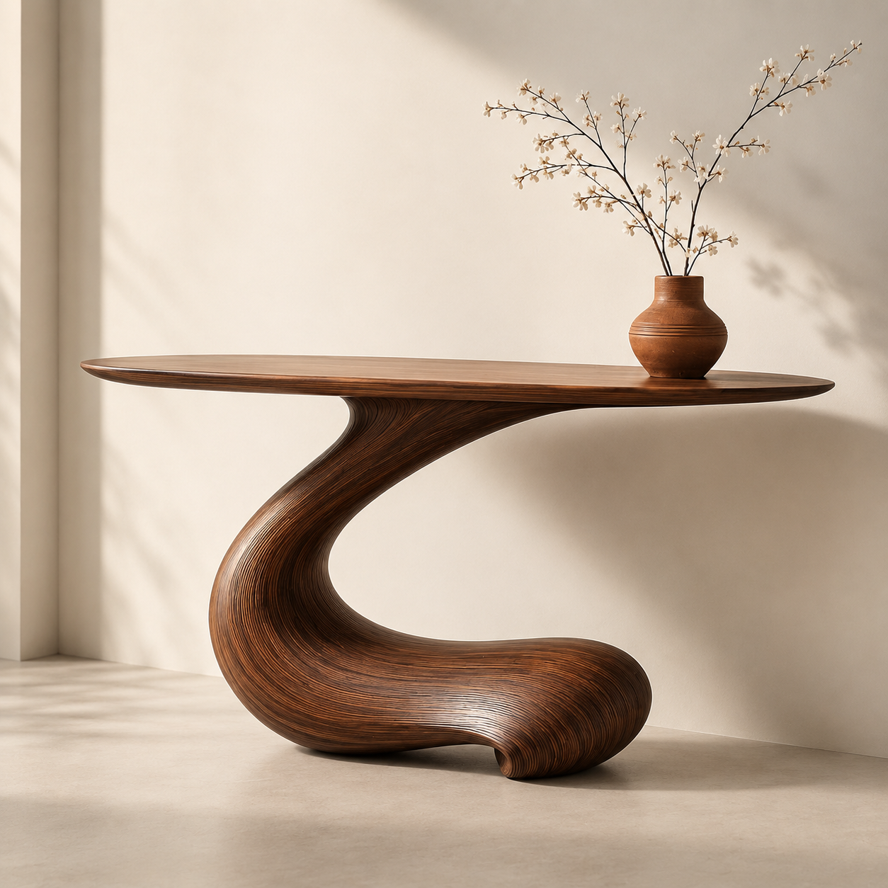 Sculptural Round Base Wood Console Table – Organic Natural Wood Console for Modern Interior