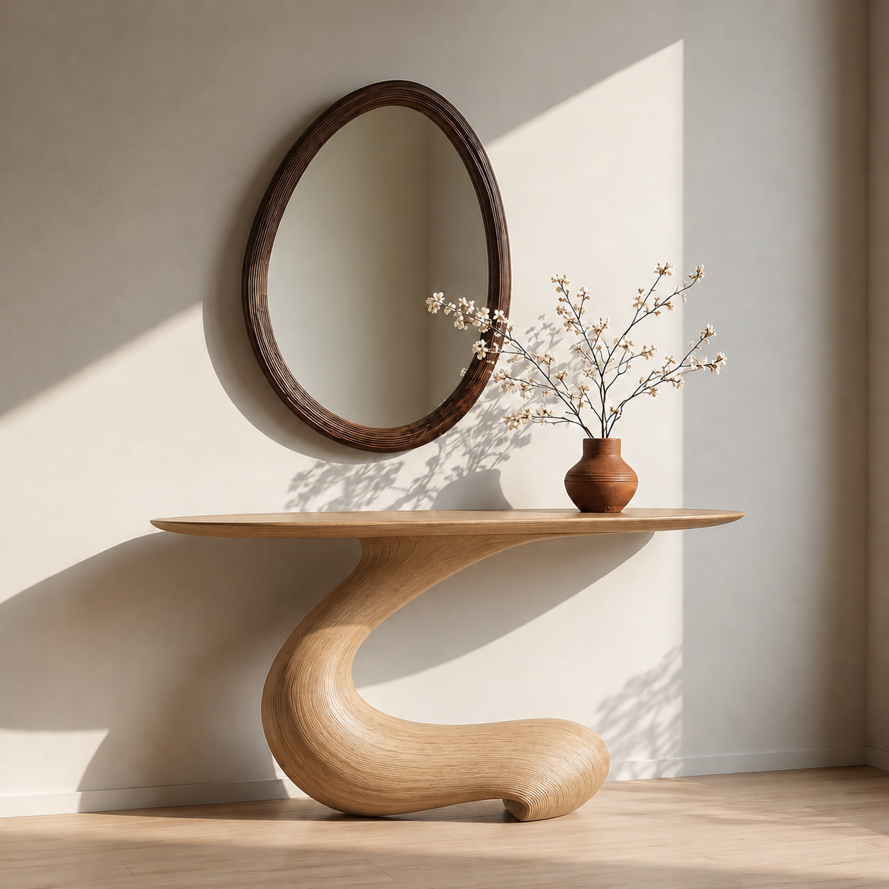 Sculptural Round Base Wood Console Table – Organic Natural Wood Console for Modern Interior