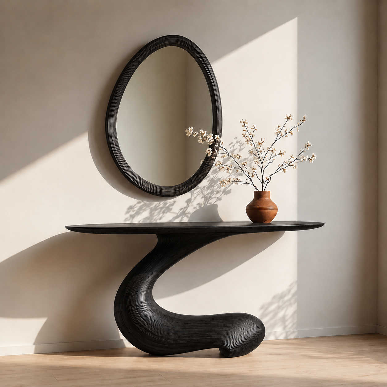 Sculptural Round Base Wood Console Table – Organic Natural Wood Console for Modern Interior