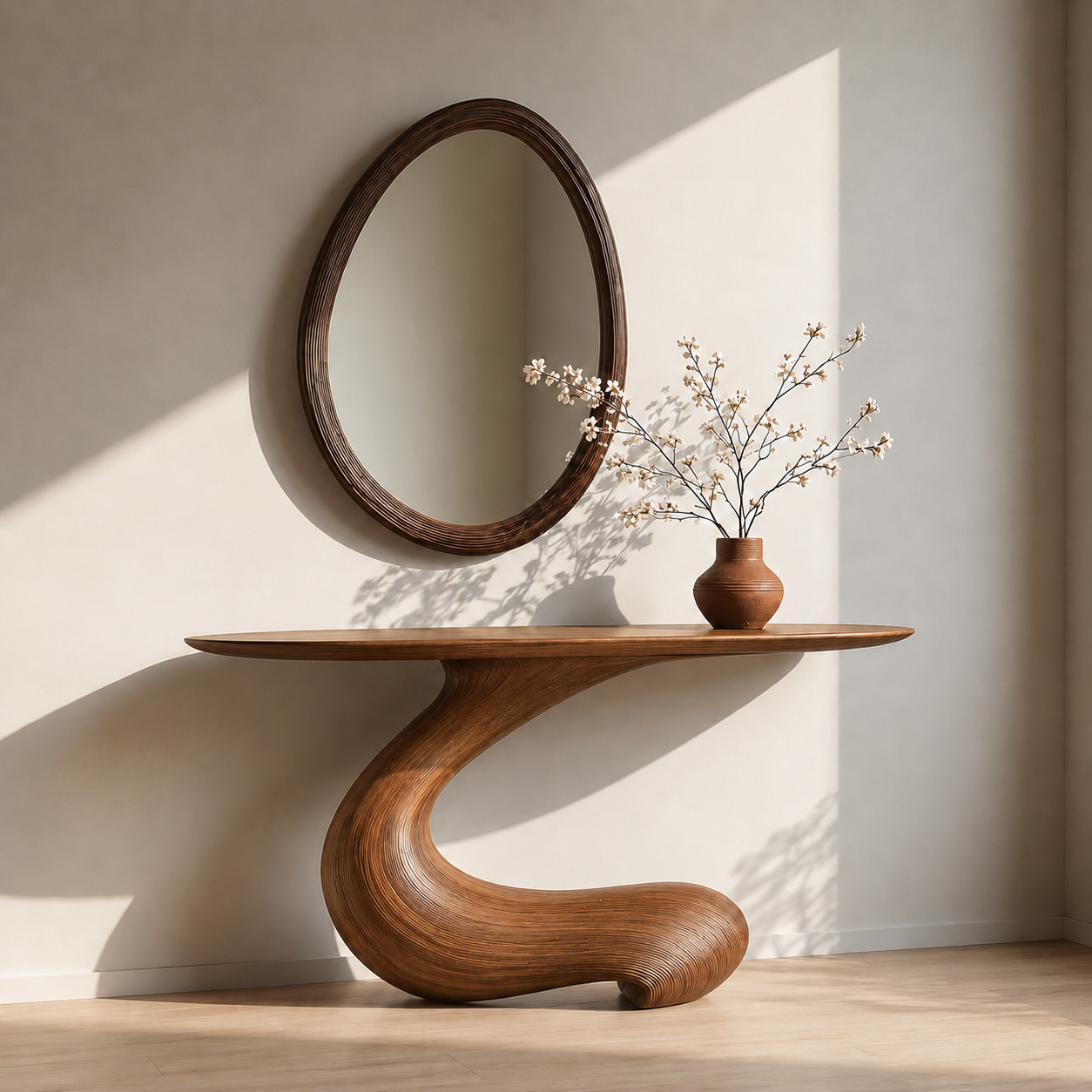 Sculptural Round Base Wood Console Table – Organic Natural Wood Console for Modern Interior