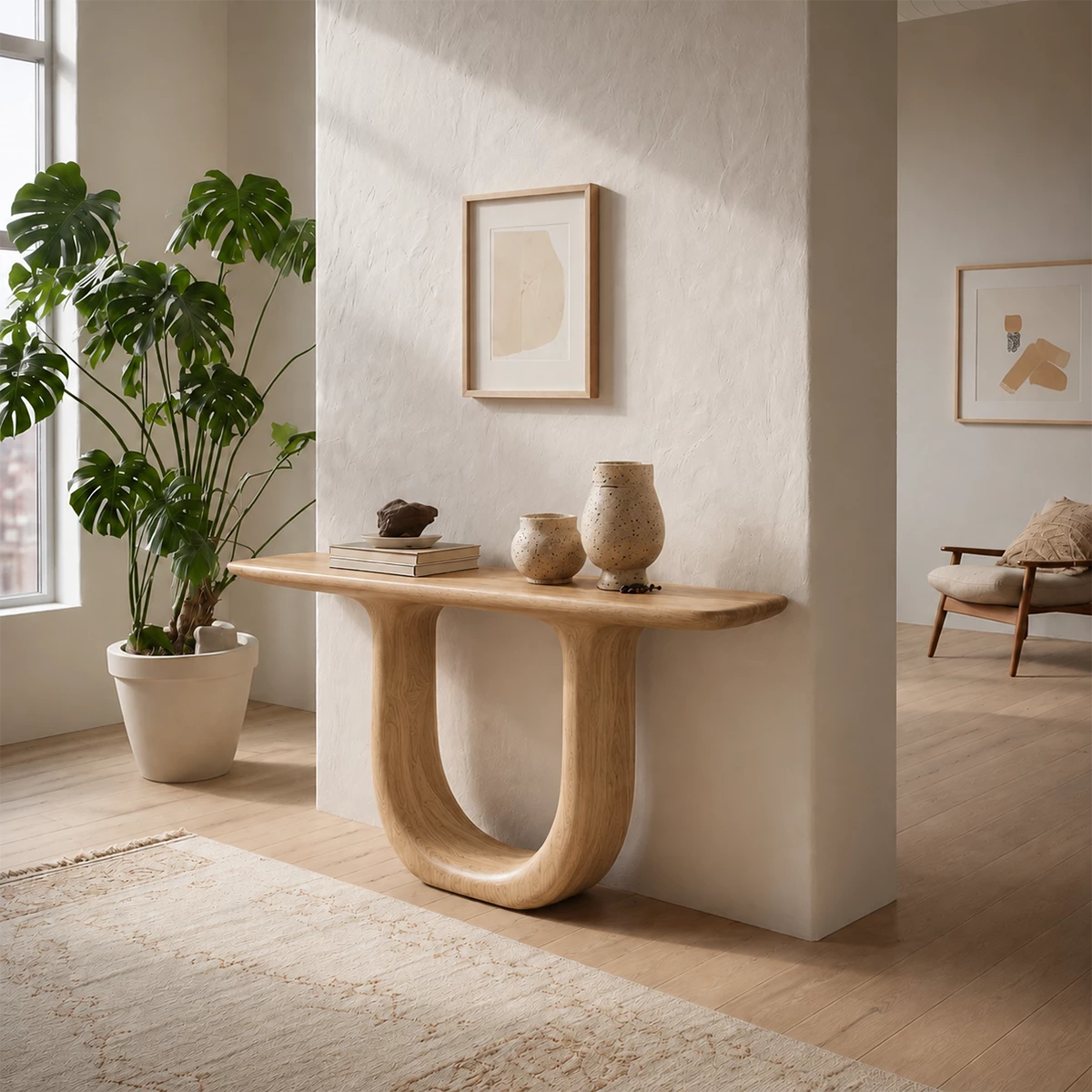 Sculptural U-Shaped Console Table in Natural Solid Wood