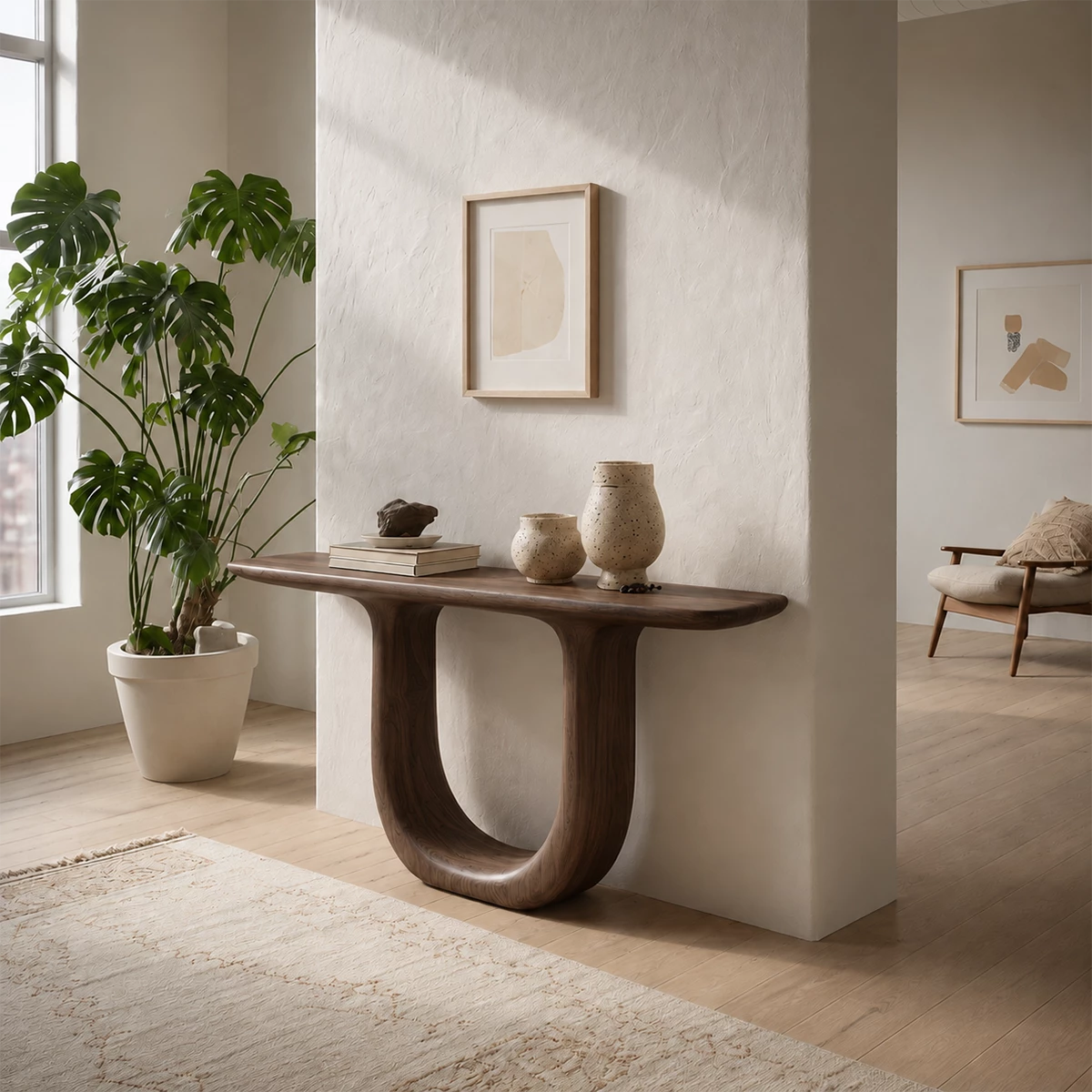 Sculptural U-Shaped Console Table in Natural Solid Wood