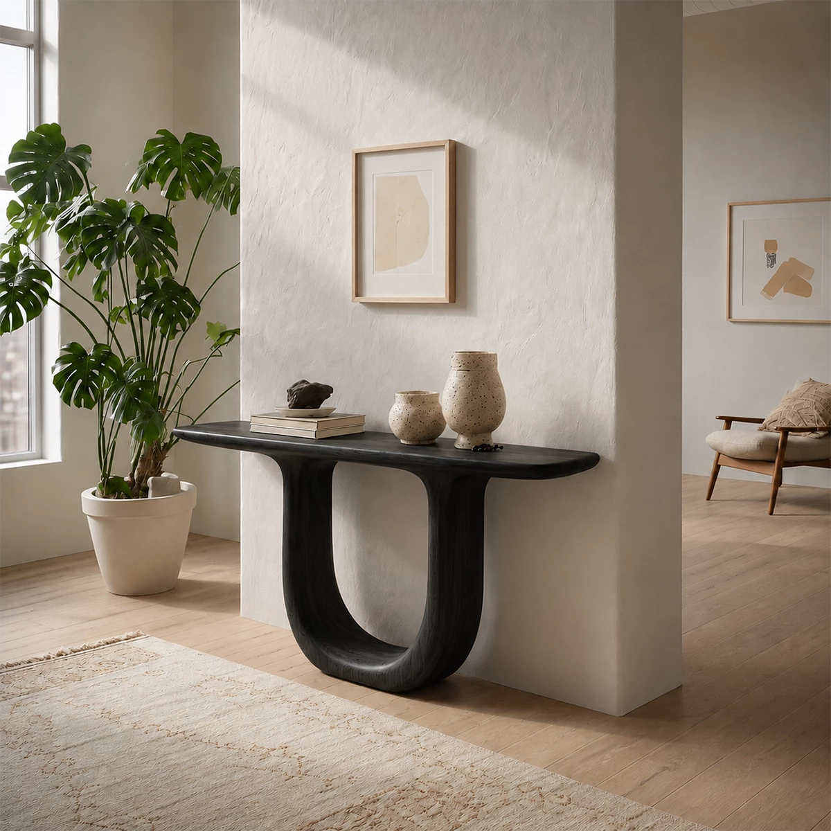 Sculptural U-Shaped Console Table in Natural Solid Wood