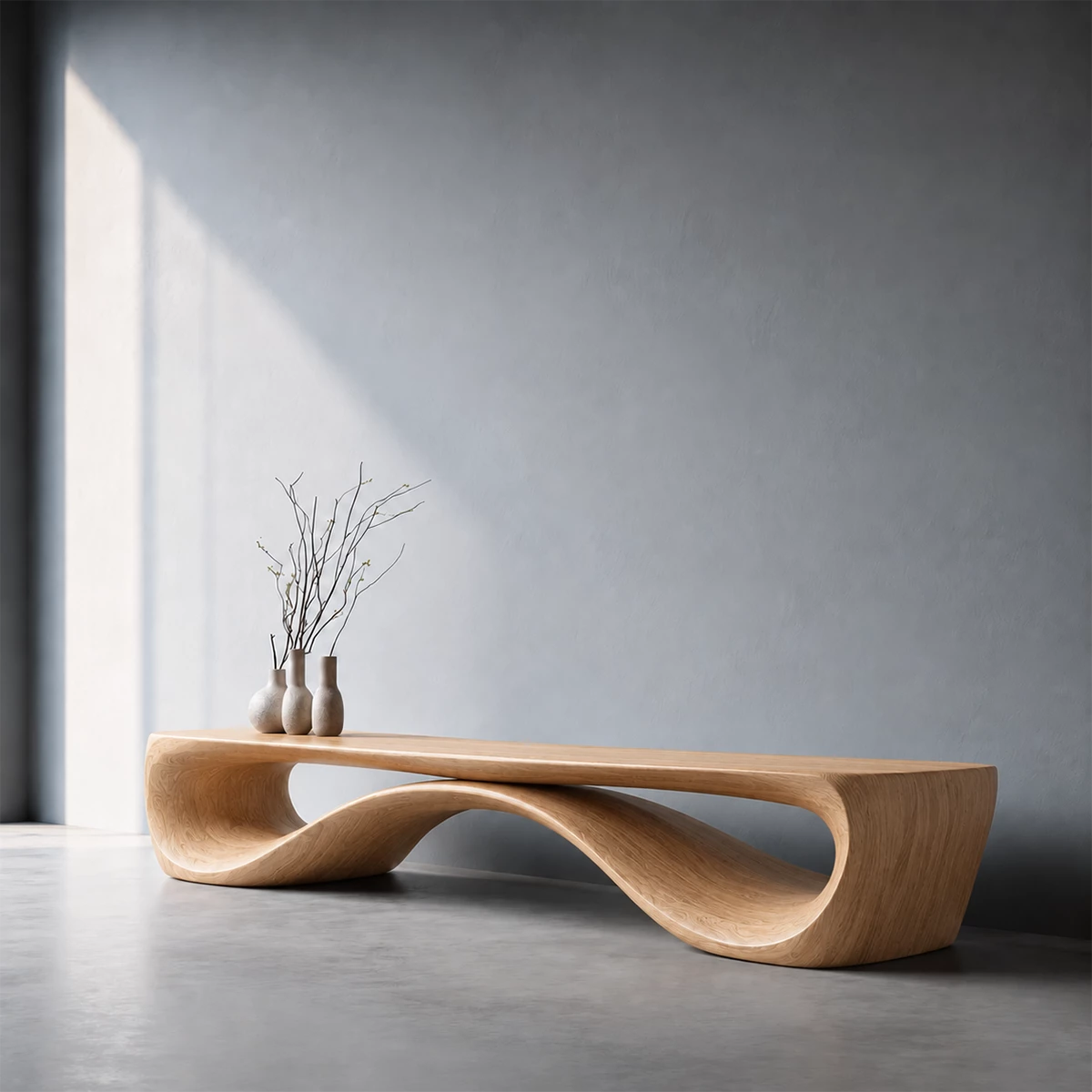 Sculptural Wave Wood Bench – Organic Natural Wood Bench for Modern Interior