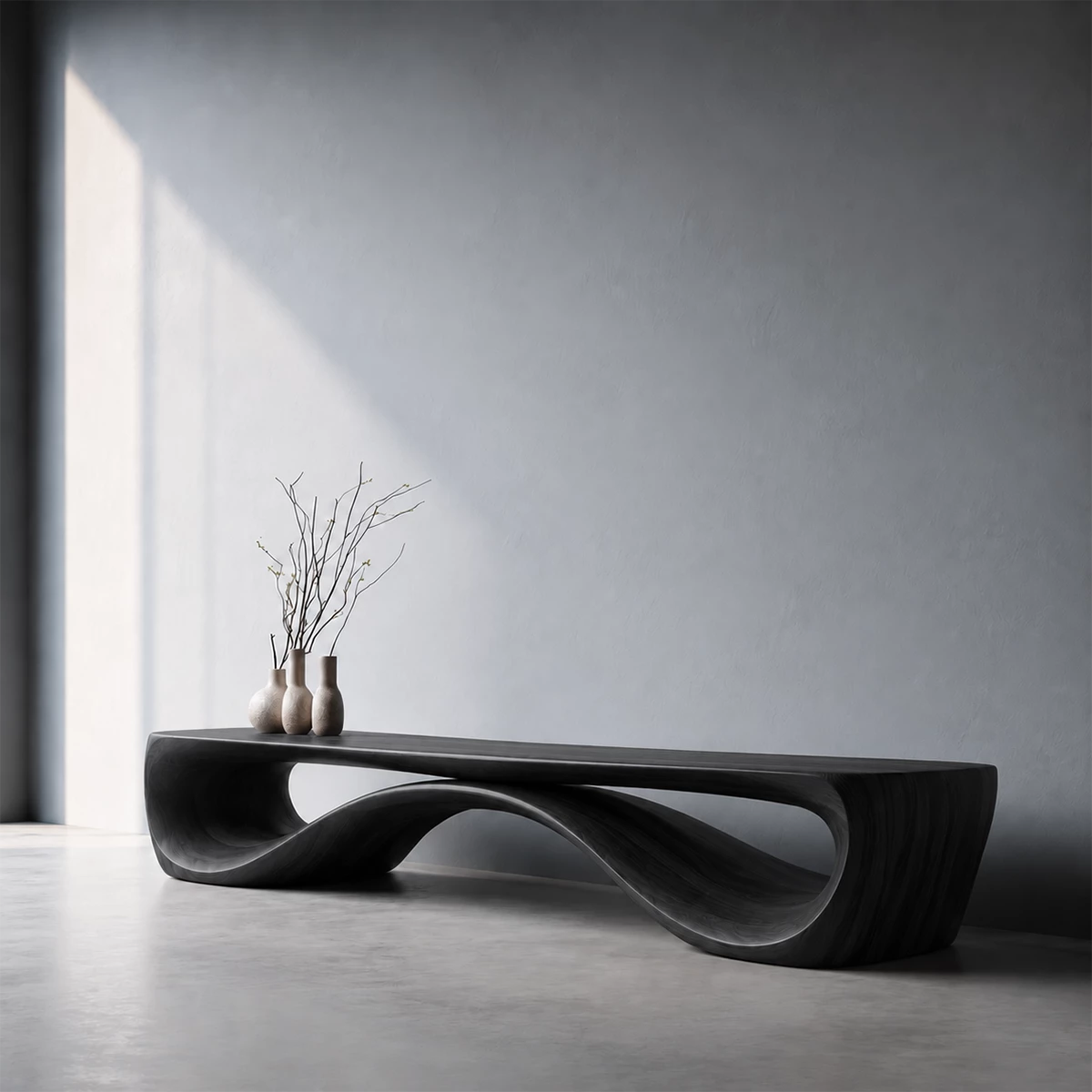 Sculptural Wave Wood Bench – Organic Natural Wood Bench for Modern Interior