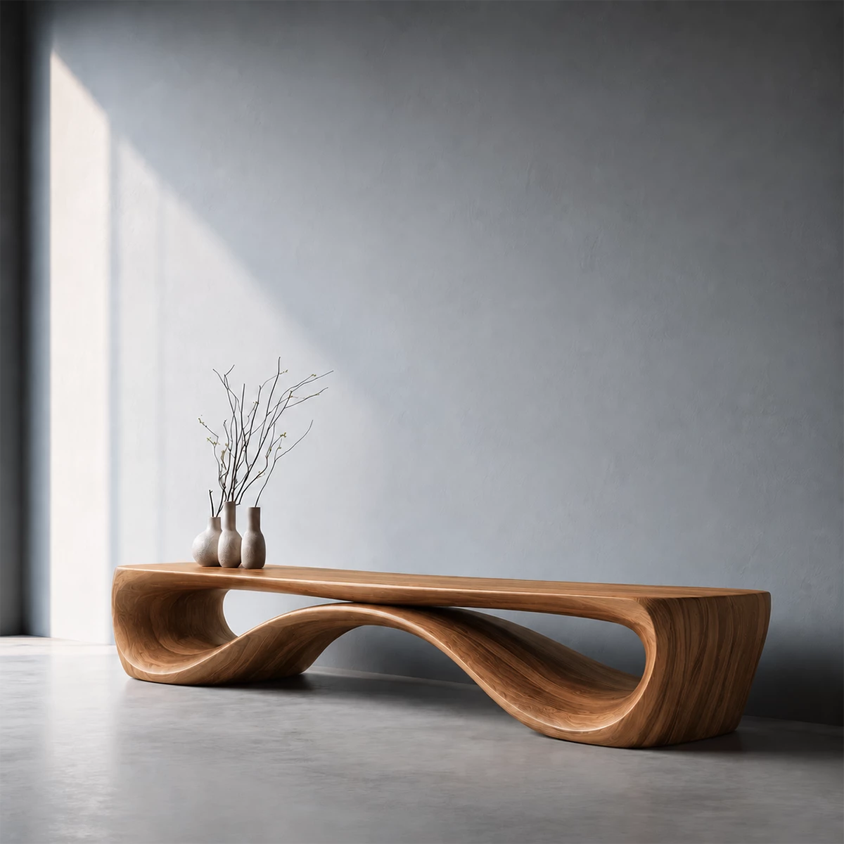 Sculptural Wave Wood Bench – Organic Natural Wood Bench for Modern Interior